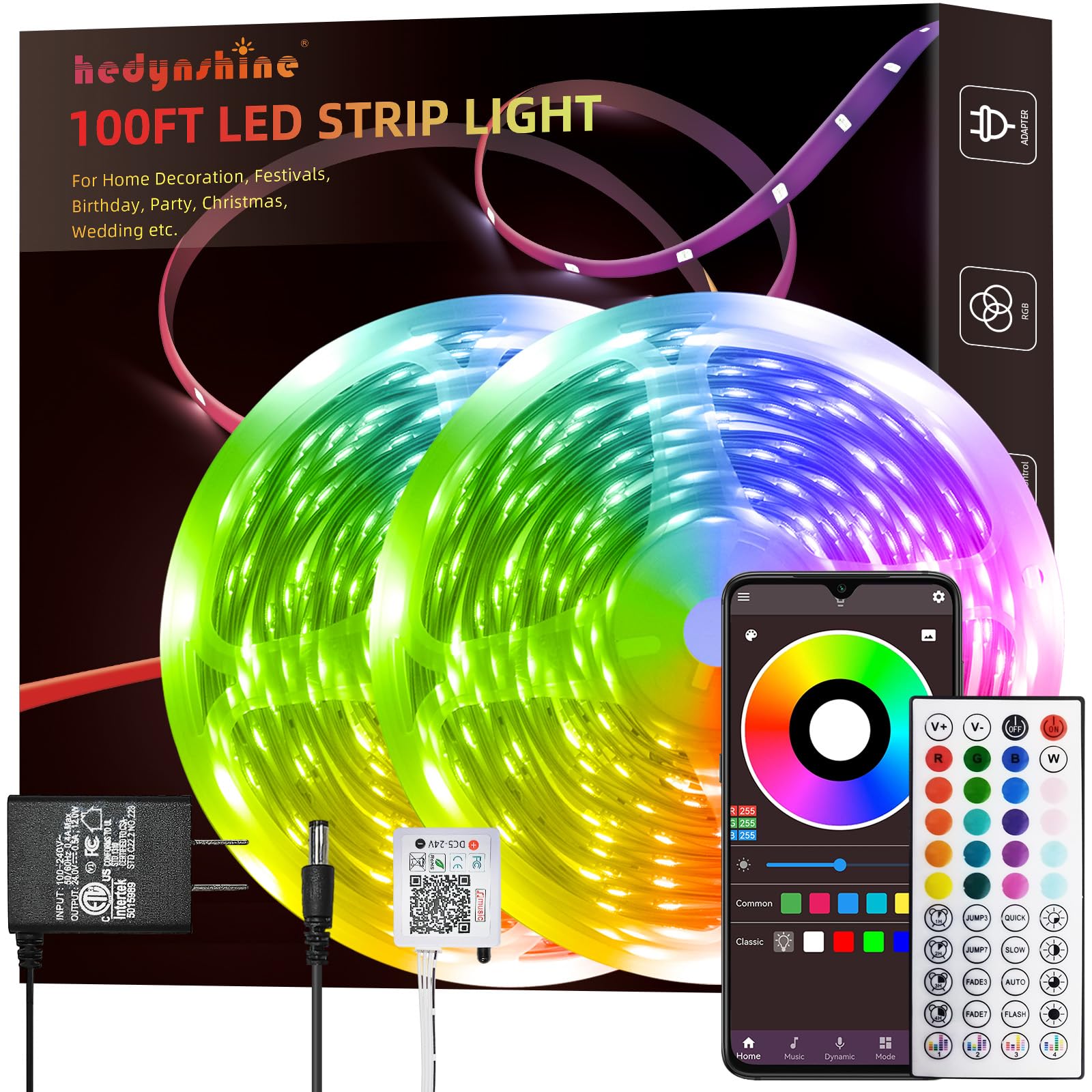 HEDYNSHINE 100ft RGB Smart LED Strip Lights (2 Rolls) - APP & Remote Control, Music Sync, Color Changing Lights for Bedroom, Party, Gaming Room & Home Decor
