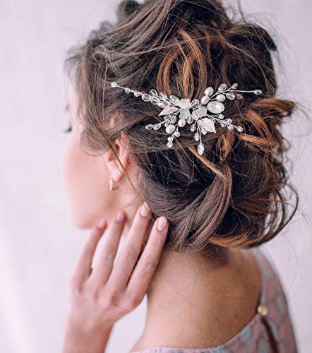 Aukmla Silver Rhinestone Bridal Hair Pins - Crystal Flower Leaf Wedding Hair Accessories for Women & Girls (HP-34) | Perfect for Bridal Parties, Prom, and Formal Events