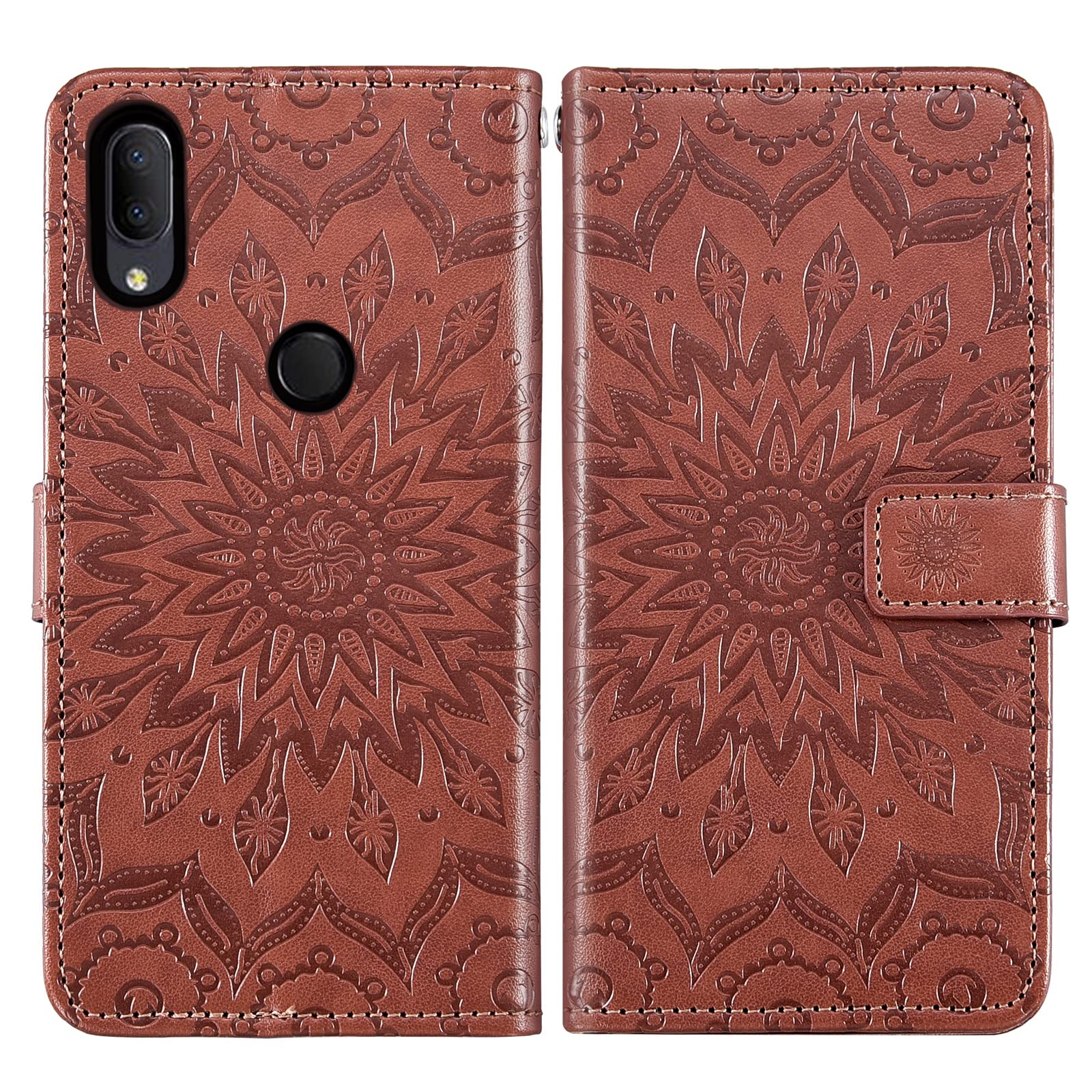 Premium Leather Wallet Phone Case for Alcatel 3V (2019) - Slim Flip Cover with Card Holder & Stand | Includes Tempered Glass Screen Protector | Sunflower Design for Women & Men (Brown) | Perfect for Everyday Use, Travel & Business Meetings
