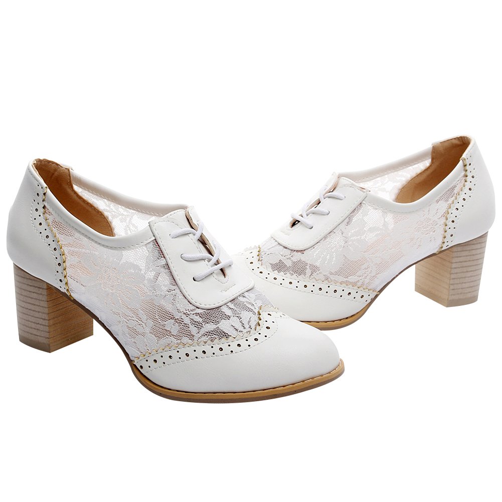ANUFER Women's Elegant Lace Bridal Wedding Shoes - Block Heel Oxfords Dress Shoes for Bride, Prom, Party & Formal Occasions