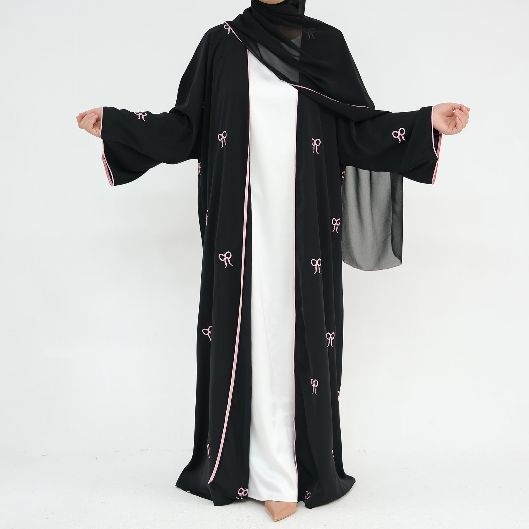 Elegant Iona Bowtie Open Abaya Kimono Set - Black | Modest Muslim Fashion for Women | Perfect for Prayer, Eid, and Special Occasions