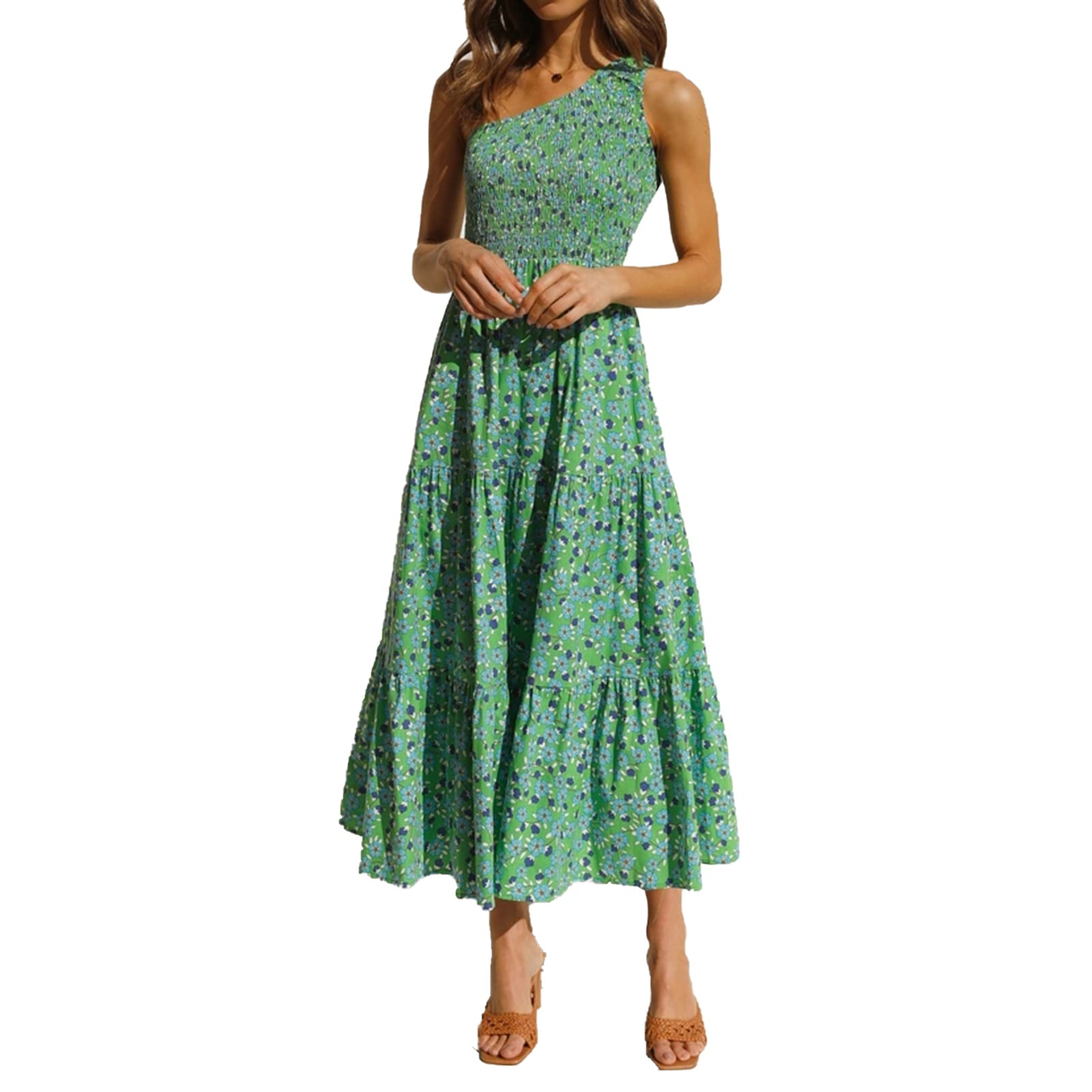 Women's Sexy One Shoulder Sleeveless Print Ruffle Tiered Maxi Dress - Summer Flowy Beach Sun Dress for Women 2022 | Perfect for Vacations, Pool Parties & Evening Outings