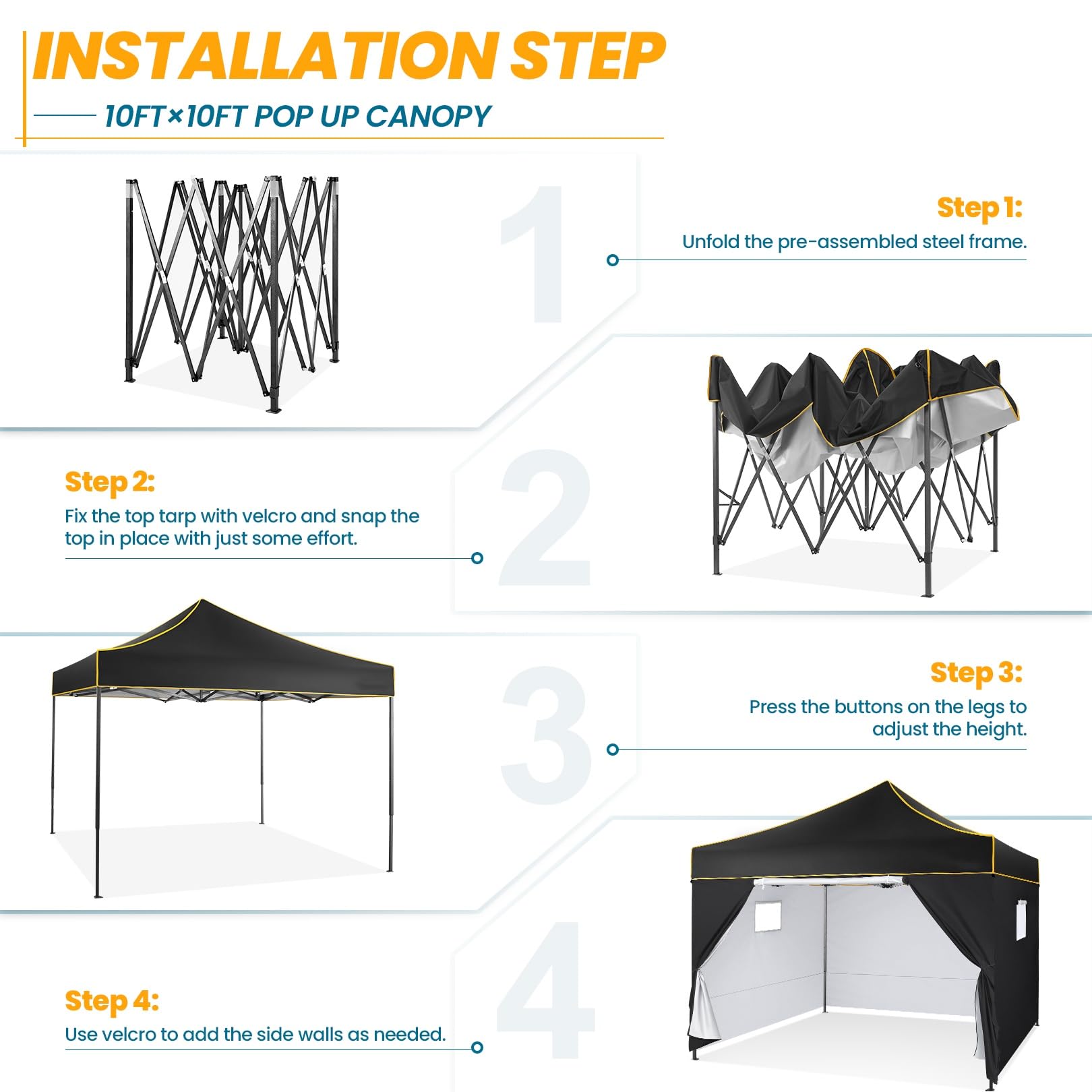 COBIZI 10x10 Heavy Duty Commercial Pop Up Canopy Tent with 4 Waterproof Sidewalls - UV 50+ Protection, Instant Setup for Outdoor Events, Parties, Camping & Backyard Use - Portable Vendor Shelter (Black)