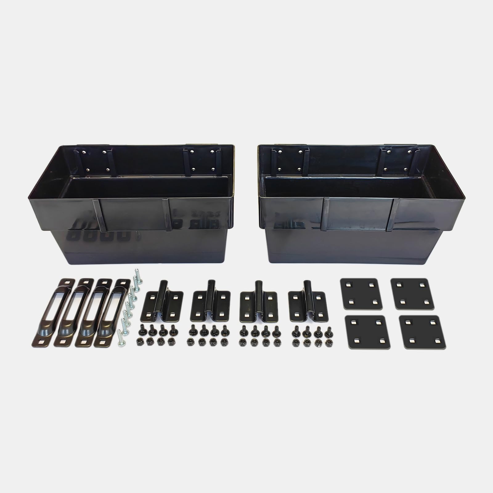 2 Pack E-Track Storage Bins & 4 Pack Single Slot Tie Down Anchors - Heavy Duty Trailer Organizer for Cargo, Tools & Equipment - Perfect for Enclosed Trailers, Vans & Truck Beds - Includes Extra Brackets