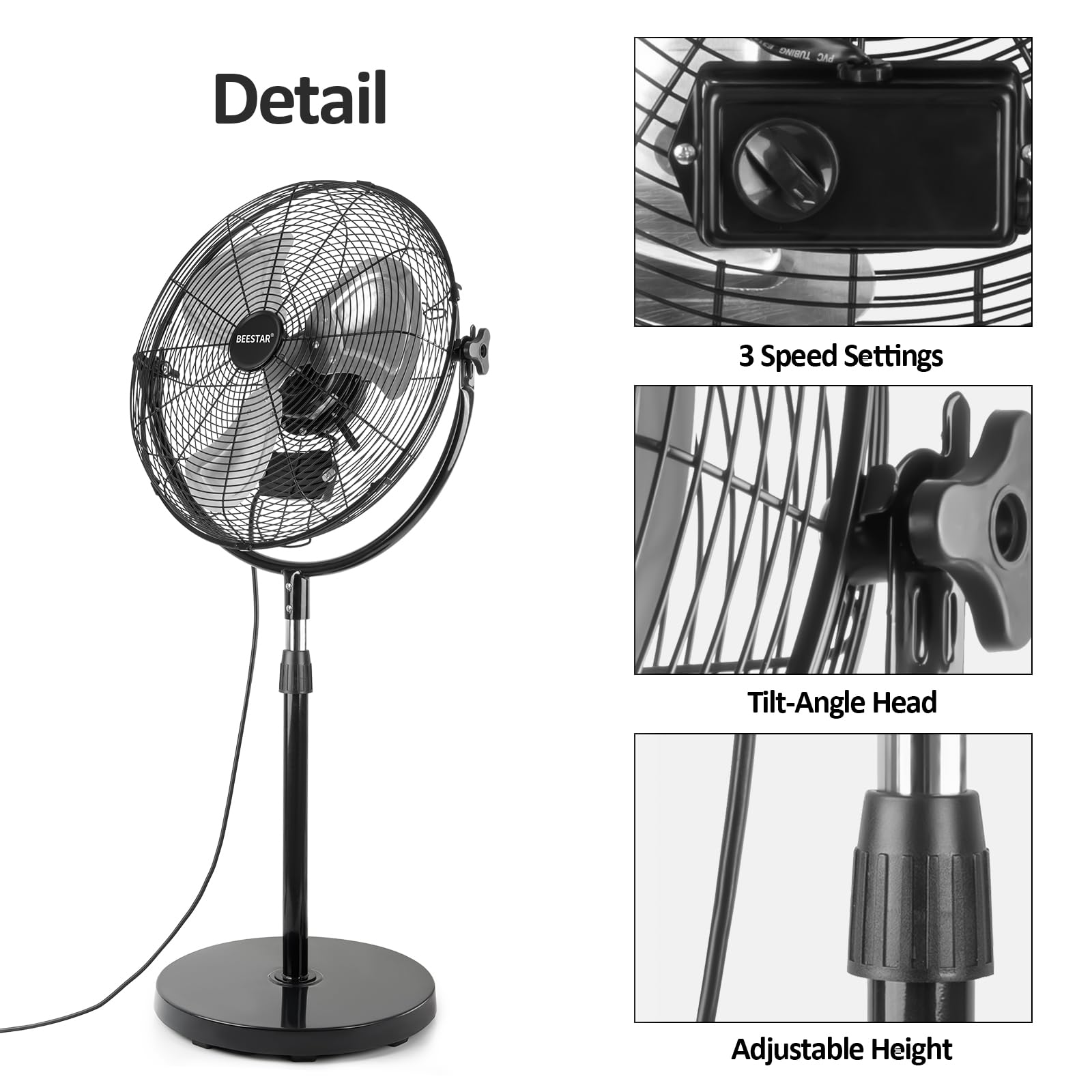 BEESTAR 18 Inch Heavy Duty High Velocity Pedestal Fan - Adjustable Height & Tilt, 3-Speed Metal Industrial Standing Fan for Warehouse, Workshop, Office, Home & Greenhouse Use - Black
