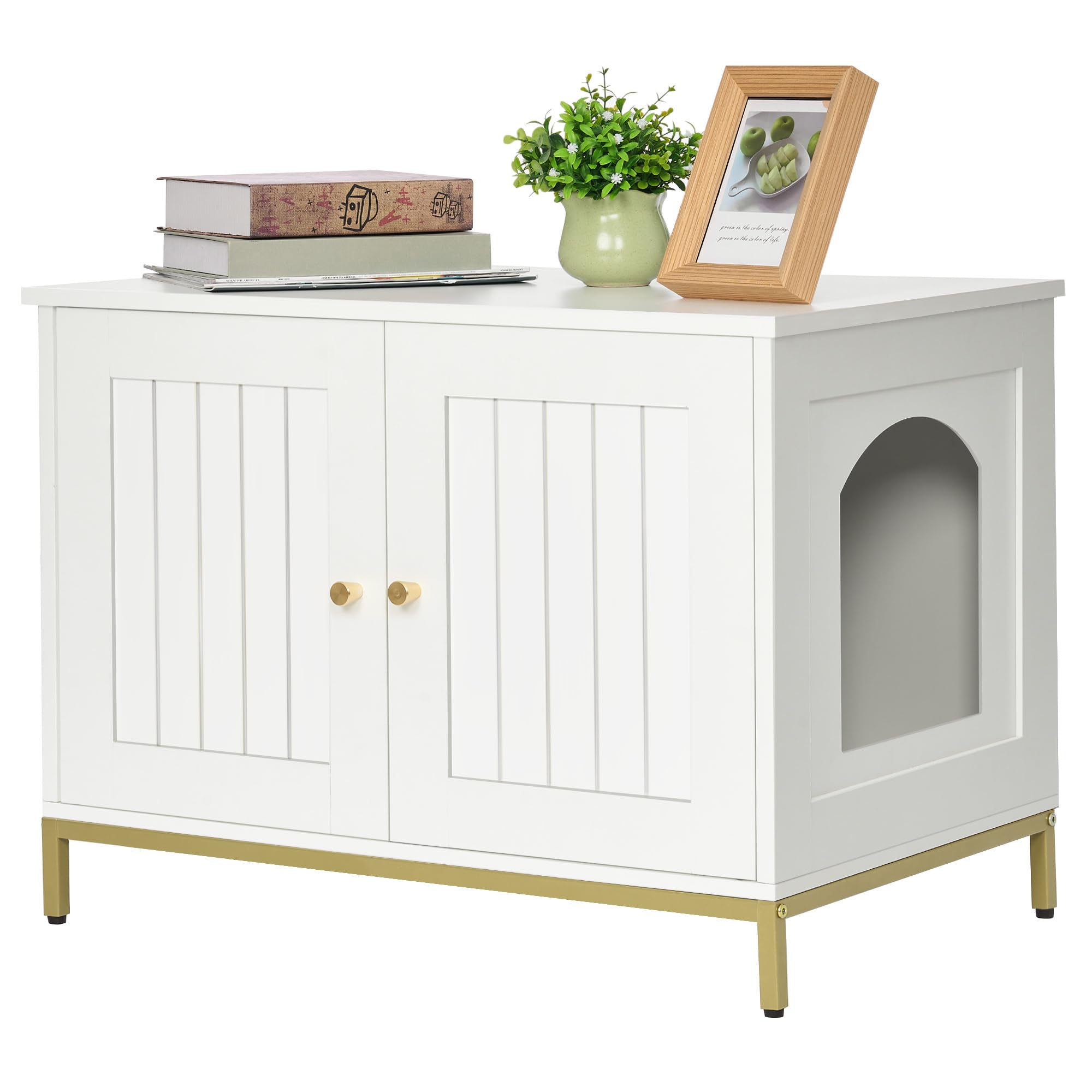 Modern White & Gold Cat Litter Box Enclosure Furniture - Hidden Metal Frame Washroom House for Cats | Fits Most Litter Boxes | Perfect for Small Spaces & Home Decor