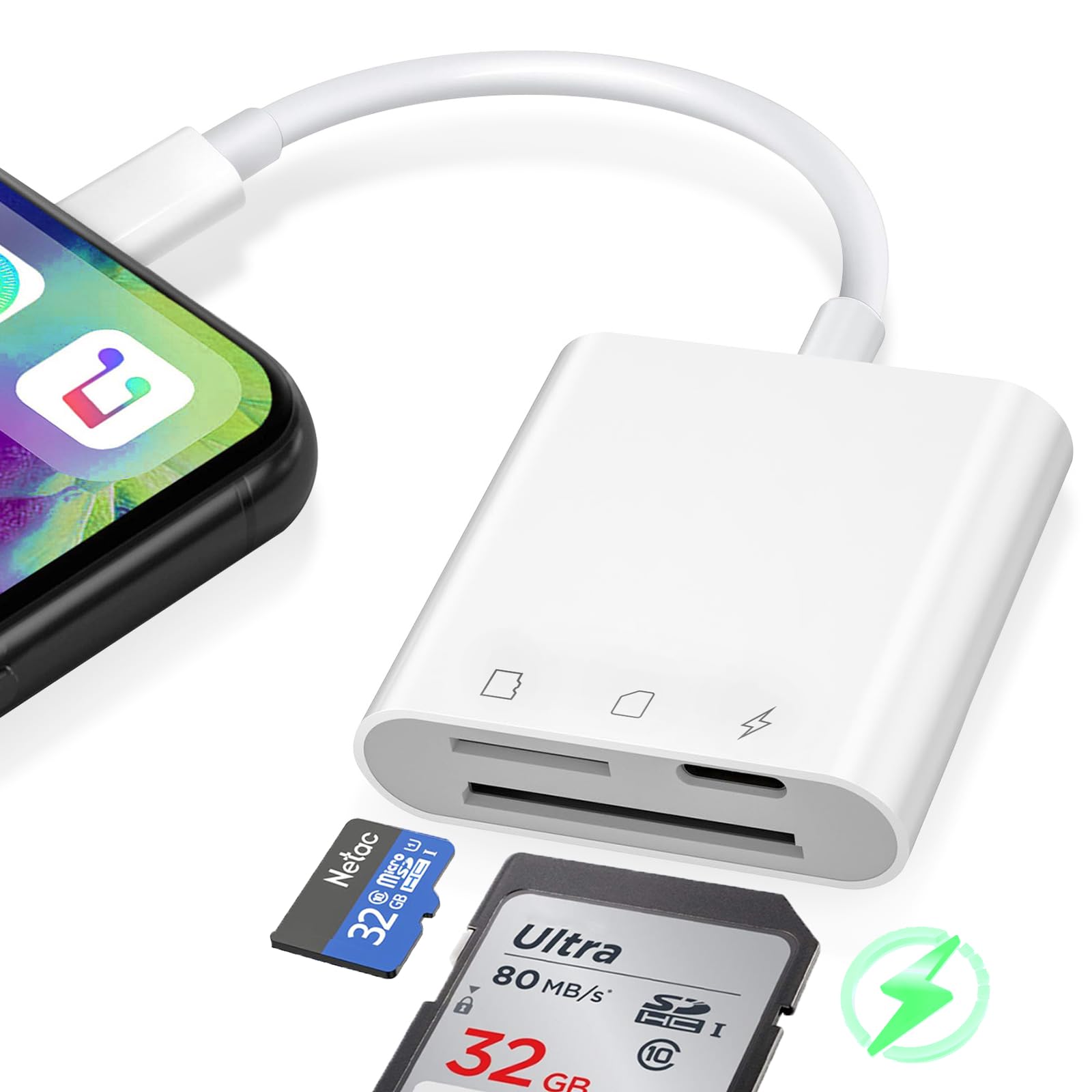 Lightning SD Card Reader for iPhone & iPad - Dual Slot SD/Micro SD Memory Card Adapter with Charging Port - Perfect for Trail Cameras, Photography & File Transfer