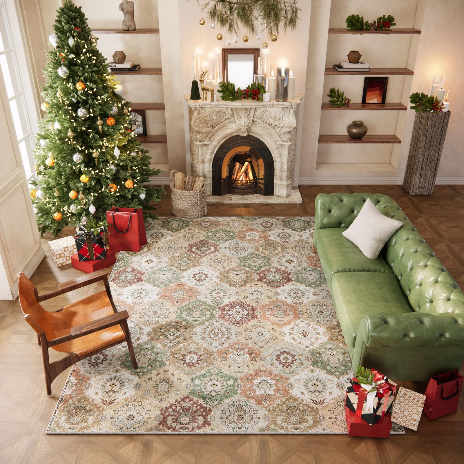 4x6 Washable Non-Slip Area Rug - Low Pile Lightweight Rug for Bedroom, Living Room, Dining Room, Nursery & Entryway - Multi/Green - Perfect for Home Decor & High Traffic Areas