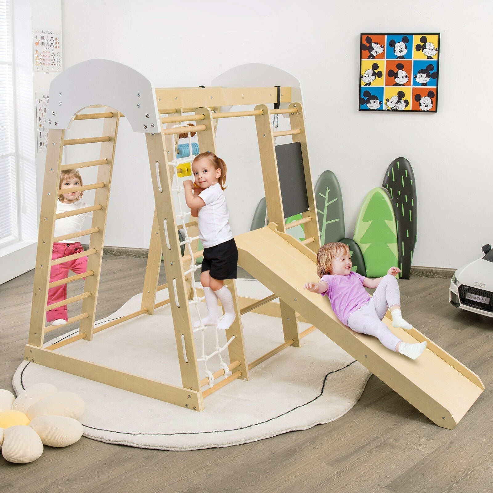 8-in-1 Natural Wooden Indoor Playground Climber Set for Kids - Toddler Climbing Gym for Home, Daycare & Preschool Play Areas