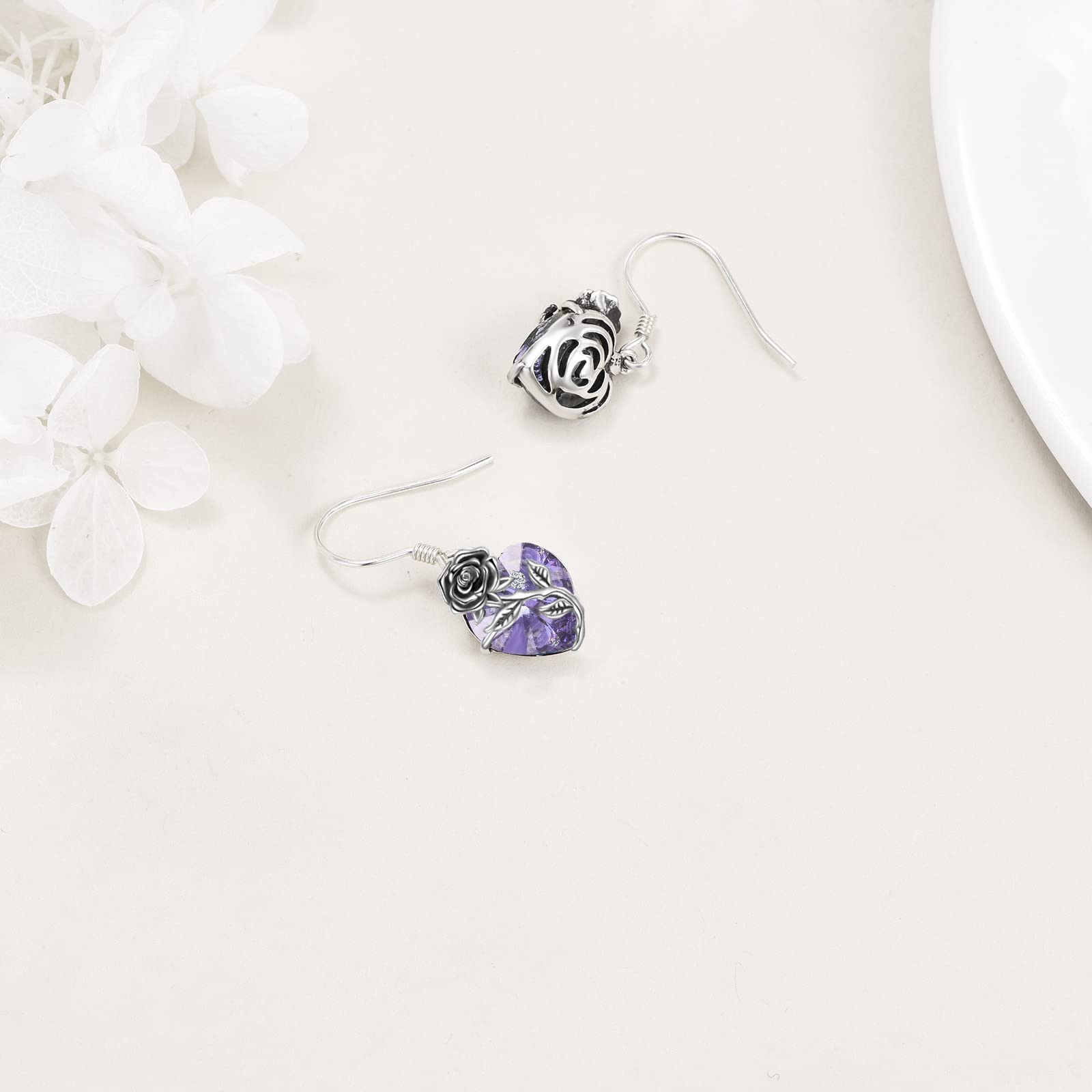 OCJ Rose Birthstone Earrings - 925 Sterling Silver Heart Rose Dangle Drop Earrings for Women | Perfect Jewelry Gift for Birthday, Graduation, Christmas | Elegant Accessory for Girlfriend, Wife, Mom & Friends | Everyday Wear & Special Occasions