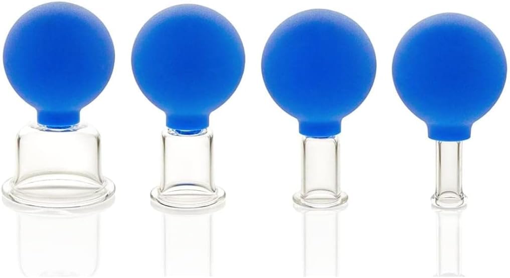 4 Pieces Blue Glass Facial Cupping Set with Silicone Vacuum Massage Cups - Anti-Aging Skincare Tools for Face Lift, Wrinkle Reduction & Glowing Skin | Perfect for Home Spa, Facial Massage & Beauty Routine