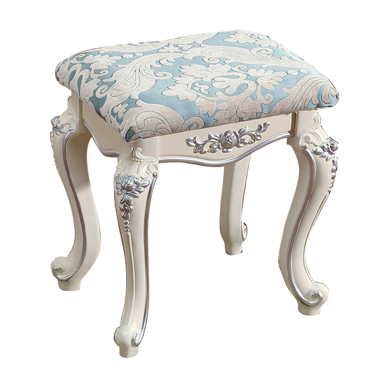 Vanity Bench with Stool - White Pastoral Makeup Chair for Bathroom & Bedroom, Silver Shoe Changing Stool (45x31x41cm) - Perfect for Dressing Tables, Living Room Seating & Shoe Storage