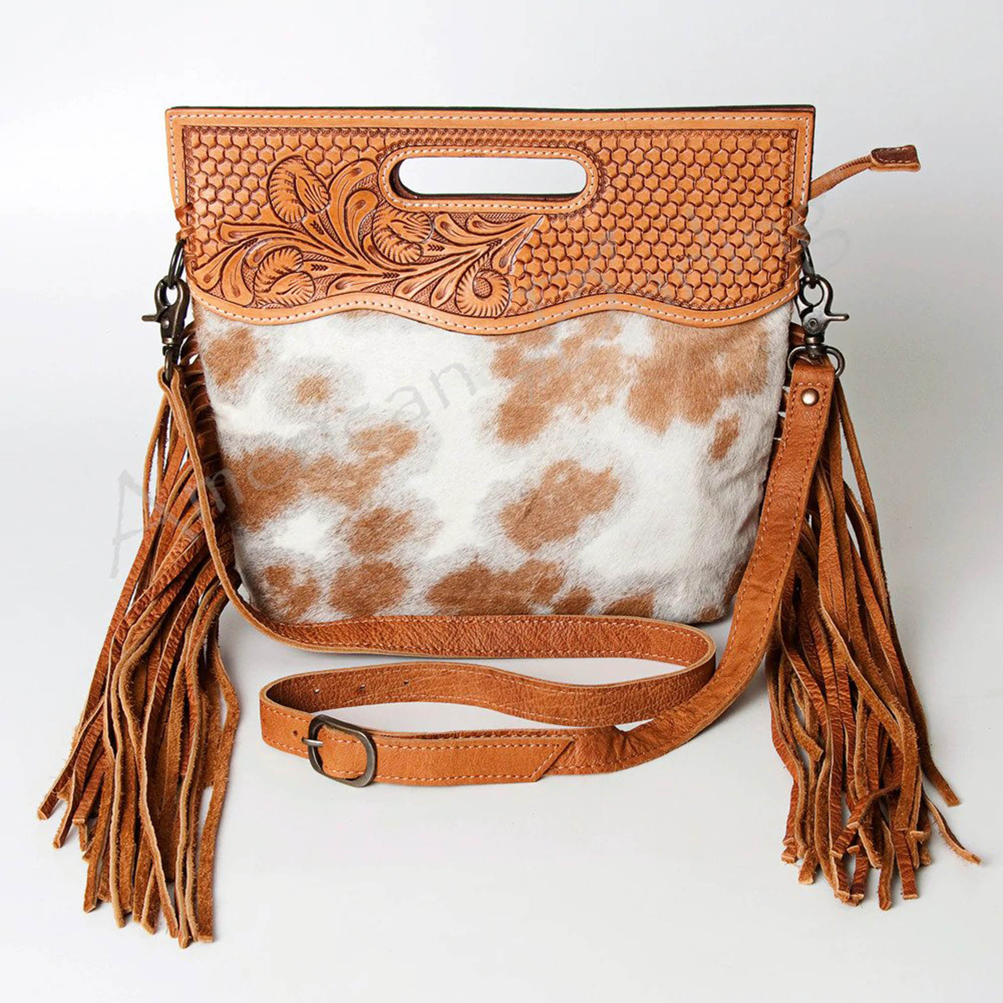 American Darling Brown & White Fringe Leather Purse - Handcrafted Hide Tooled Crossbody Bag for Women | Perfect for Casual Outings, Parties & Western Fashion