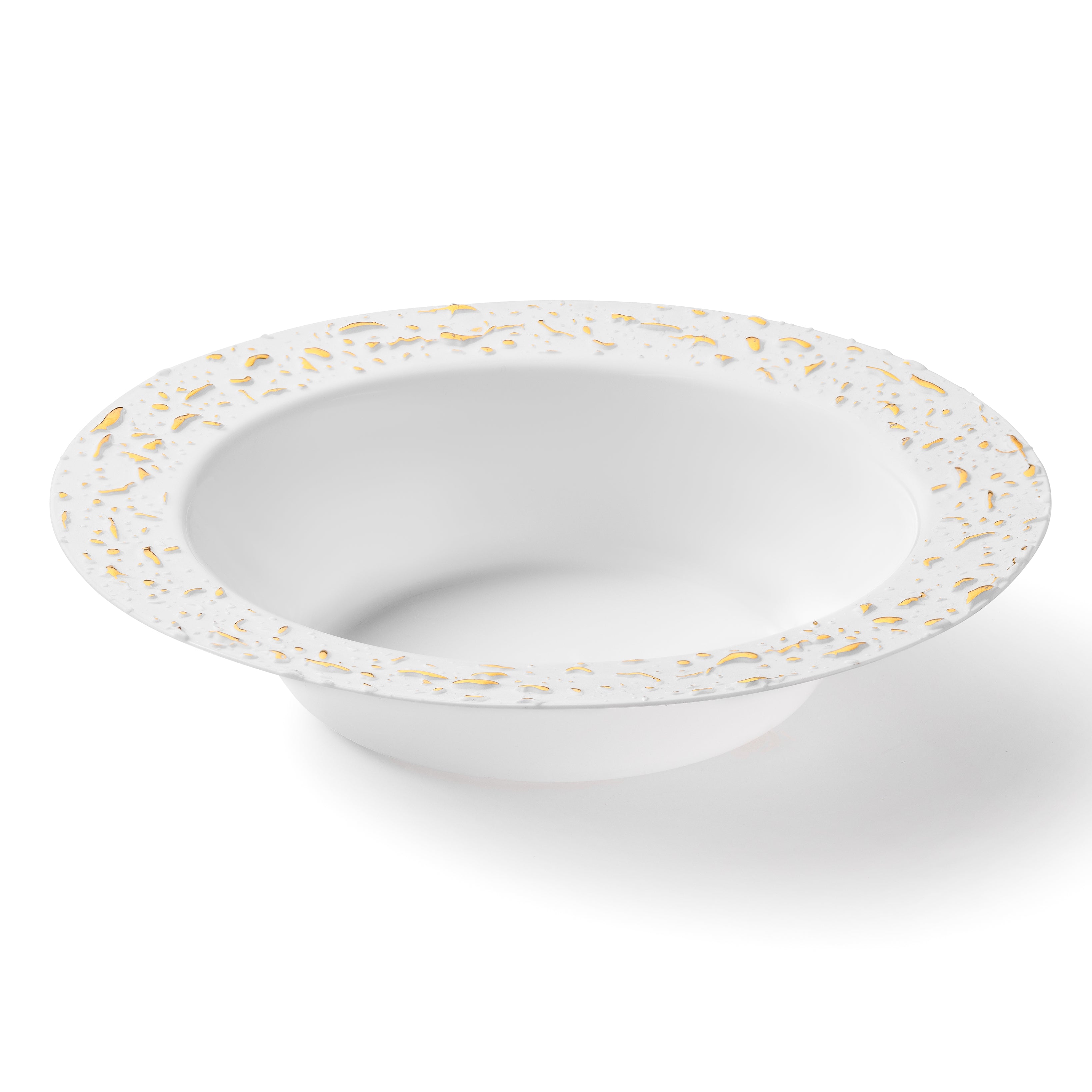 32 Pack White and Gold Round Plastic Soup and Dessert Plates Set for 16 Guests - Elegant Pebbled Design - Perfect for Parties, Weddings, and Special Events