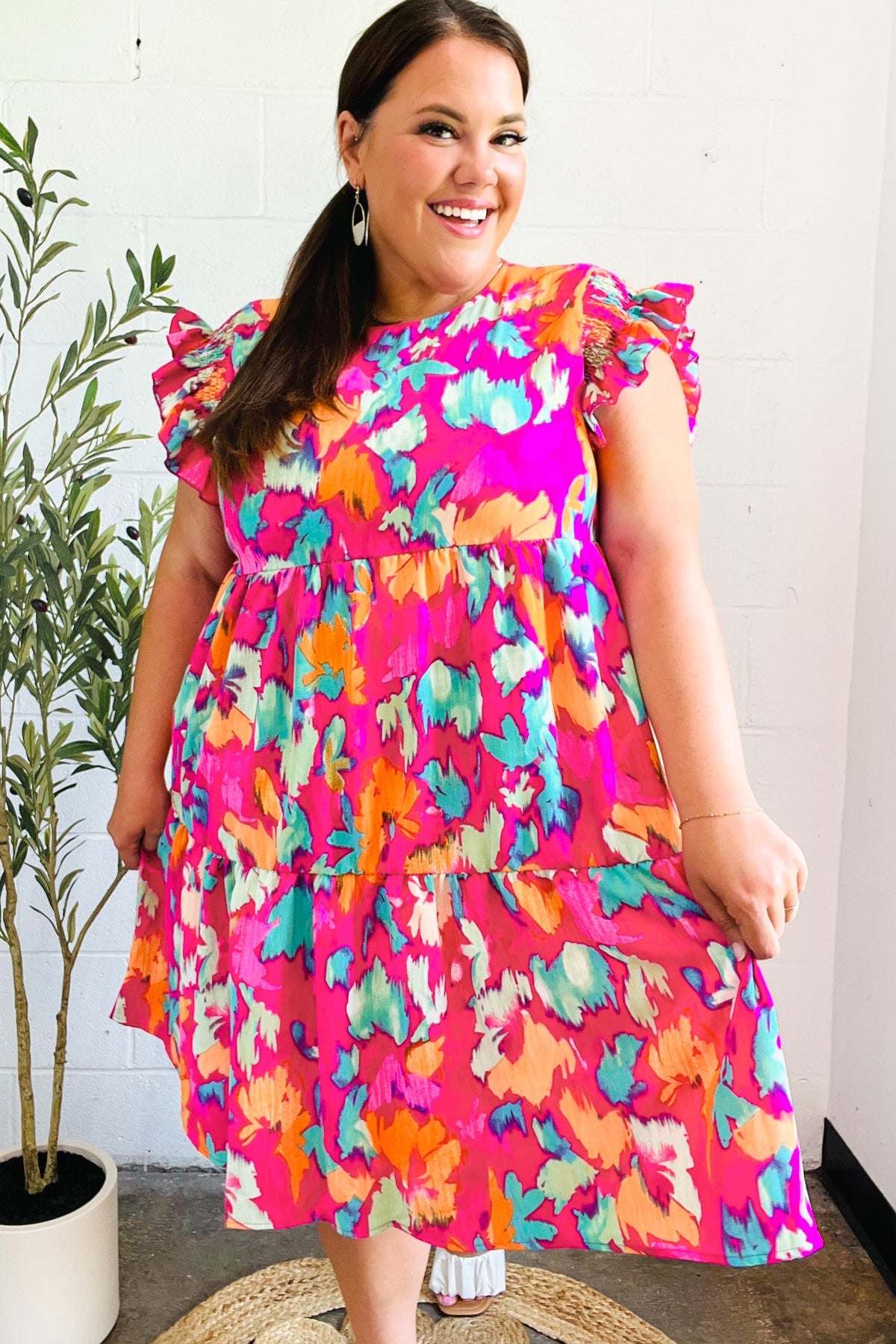Look of Love Fuchsia Abstract Floral Print Smocked Ruffle Sleeve Dress for Women | Elegant Party & Wedding Guest Outfit