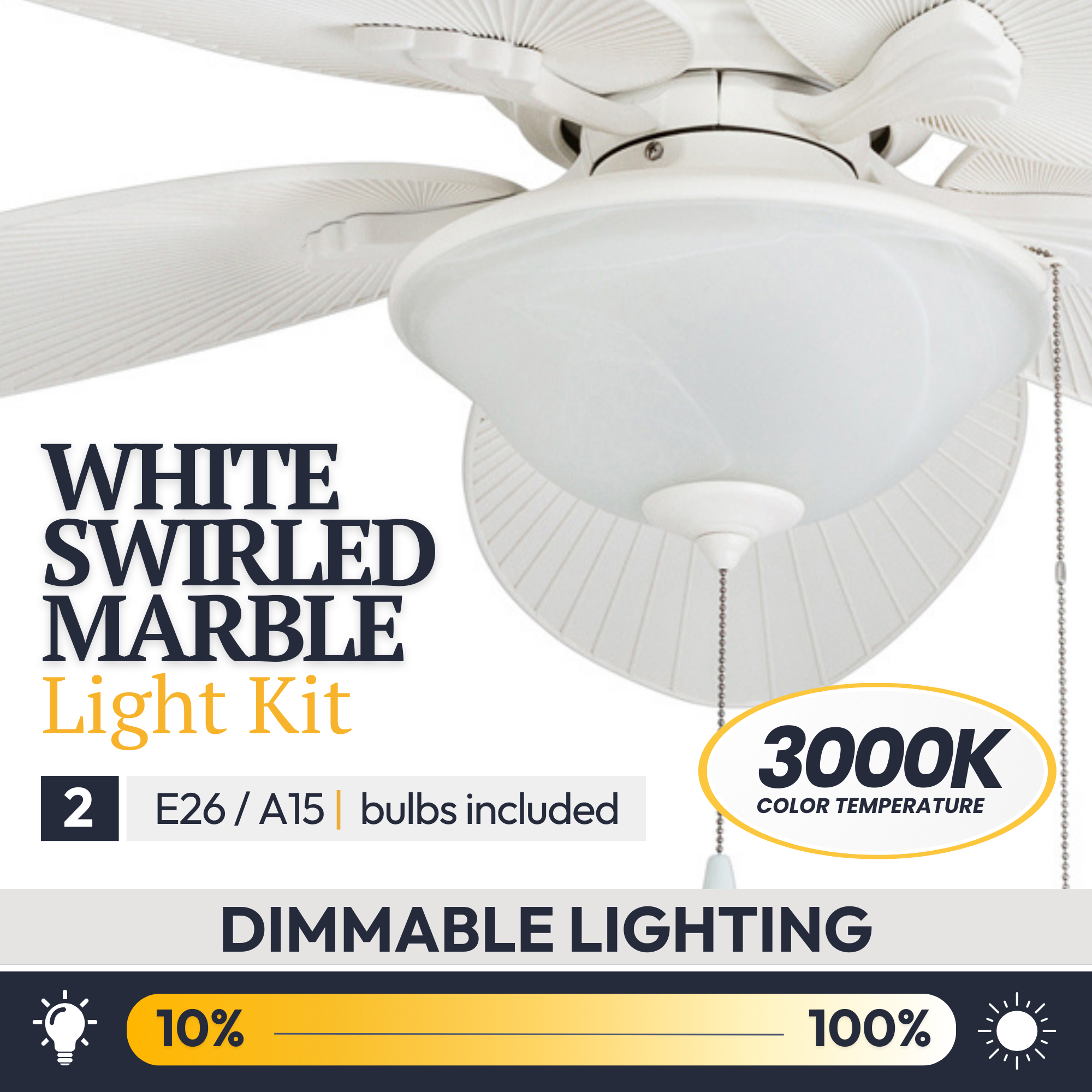 52 Inch Solana White Ceiling Fan with Pull Chain - Indoor/Outdoor Use for Living Room, Bedroom, Patio & Covered Porch