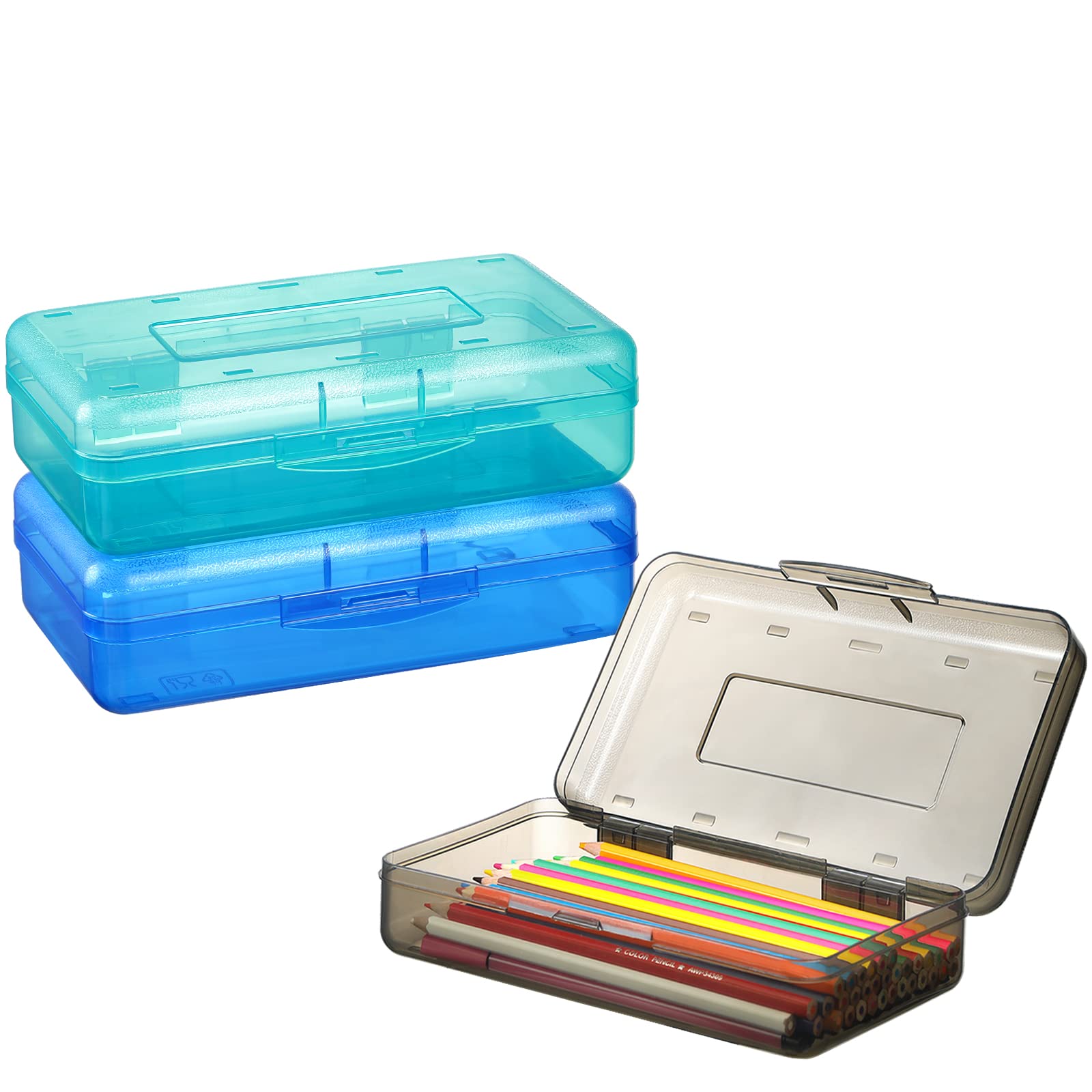 Sooez 3-Piece Plastic Pencil Box Set - Large Stackable School Supply Organizer for Kids (8.2x4.6x2.3 Inches) - Perfect for Classroom, Homework Station & Art Supply Storage