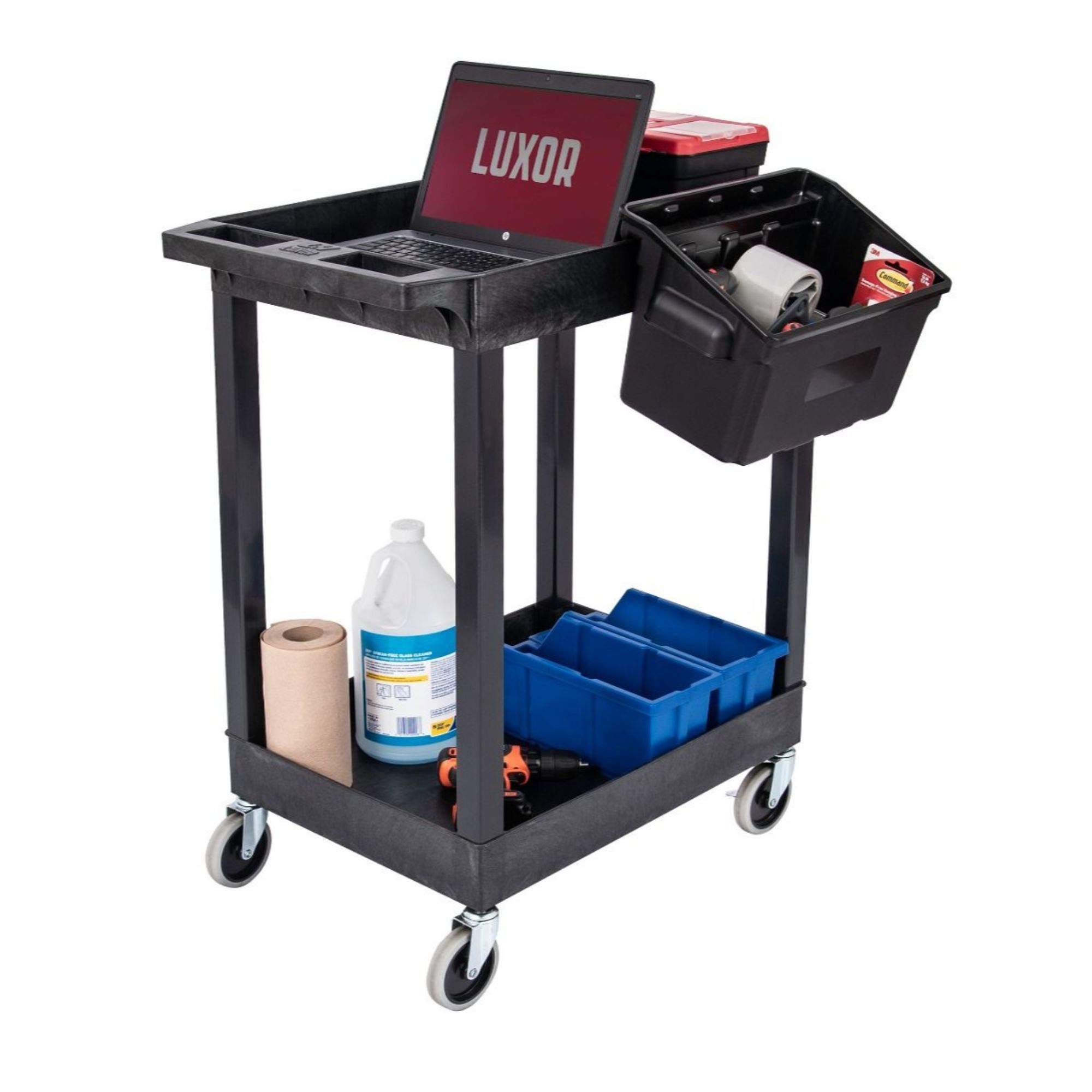 LUXOR SEC11-B-OUTRIG 24x18 Inch Heavy Duty Plastic Utility Cart with 2 Shelves & Outrigger Bins - Perfect for Commercial Kitchens, Restaurants, and Industrial Workspaces