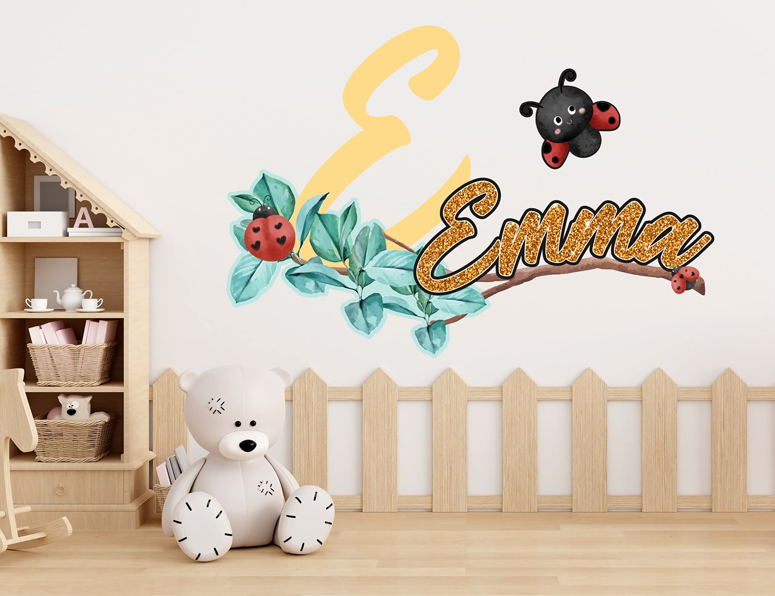 Custom Ladybug & Flower Name Wall Decals for Girls - Personalized Nursery Room Decor - Baby Girl Bedroom Wall Stickers - Removable Kids Room Decoration for Walls (Perfect for Birthday Gifts & Nursery Theming)