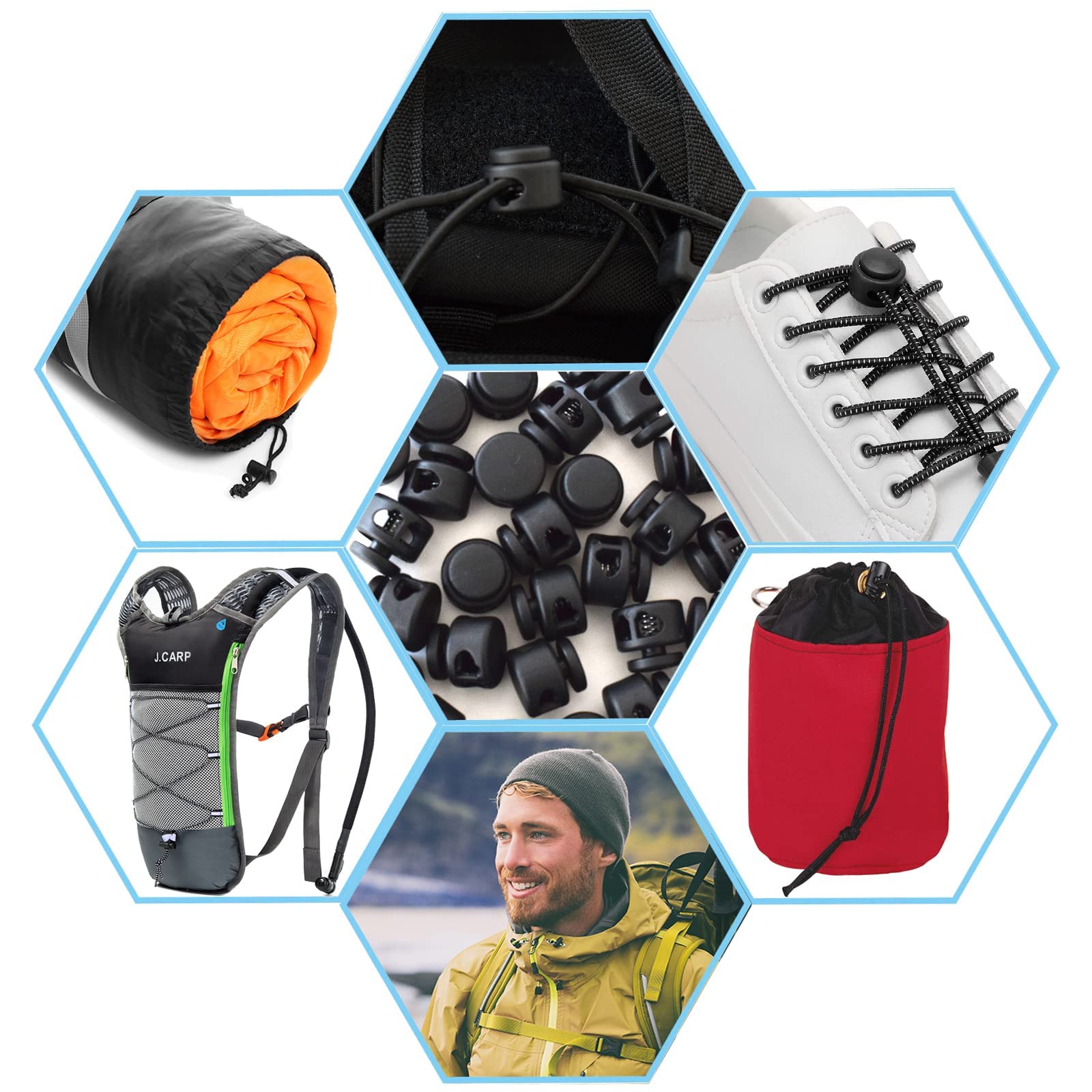 J.CARP 30Pcs Ball Shape Plastic Cord Locks & 30Pcs Heavy Duty Black Cord Locks for Backpacks, Hoodies, Jackets, and Outdoor Gear - Secure Drawstring Adjusters for Bags, Clothing, and Camping Equipment