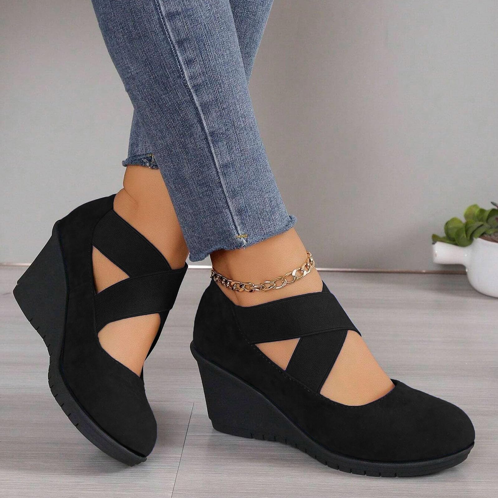 WAJCSHFS Women's Comfortable Round Toe Wedge Sandals - Elastic Strap Summer Platform Shoes for Casual & Dressy Occasions | Perfect for Beach, Vacation & Daily Wear