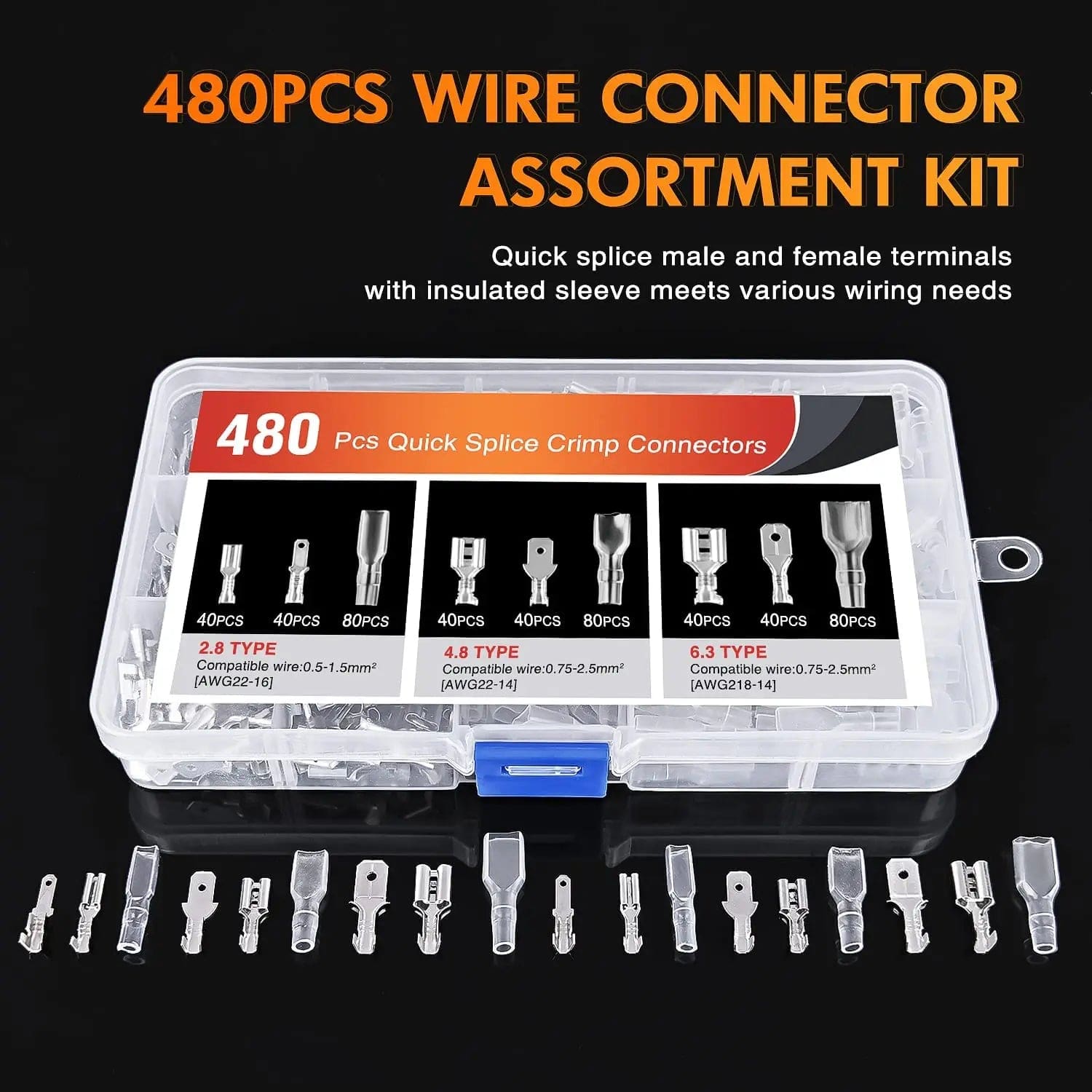 480 PCS Spade Terminals with Insulated Sleeves - Electrical Connectors for Automotive, Marine & DIY Projects - Secure Wire Connections for Cars, Boats & Home Appliances