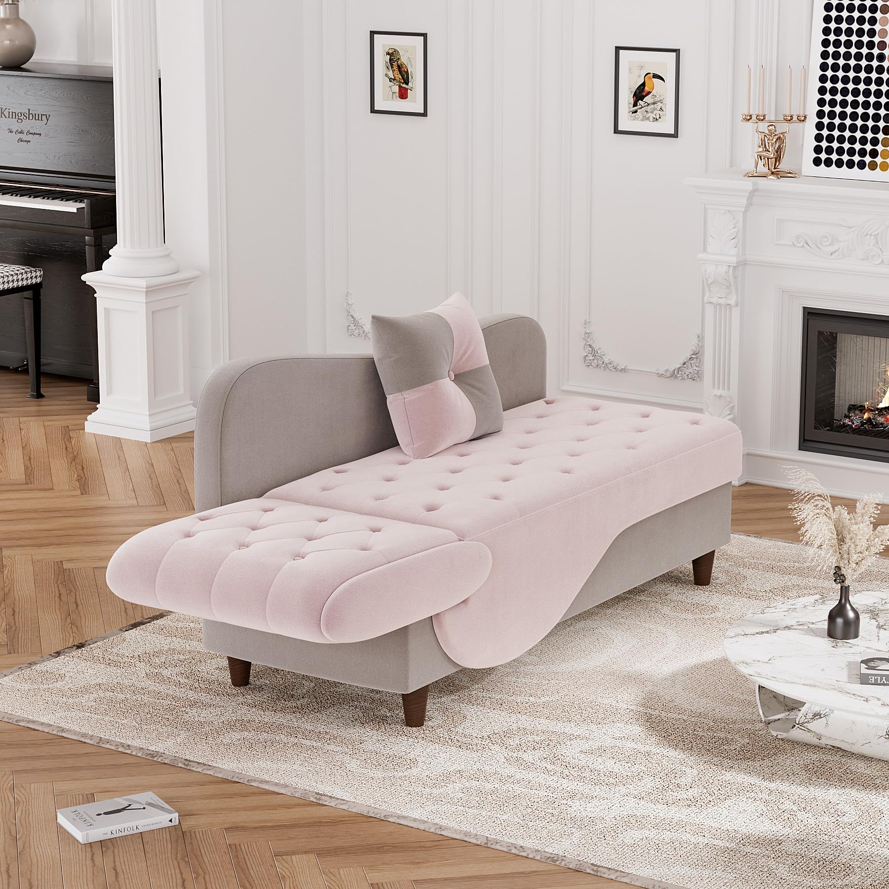 OUYESSIR Velvet Upholstered Adjustable Chaise Lounge Sofa with Storage & Pillow - Button Tufted Recliner for Living Room, Bedroom, Office (Pink/Gray) - Perfect for Small Space, Reading Nook & Home Theater Seating