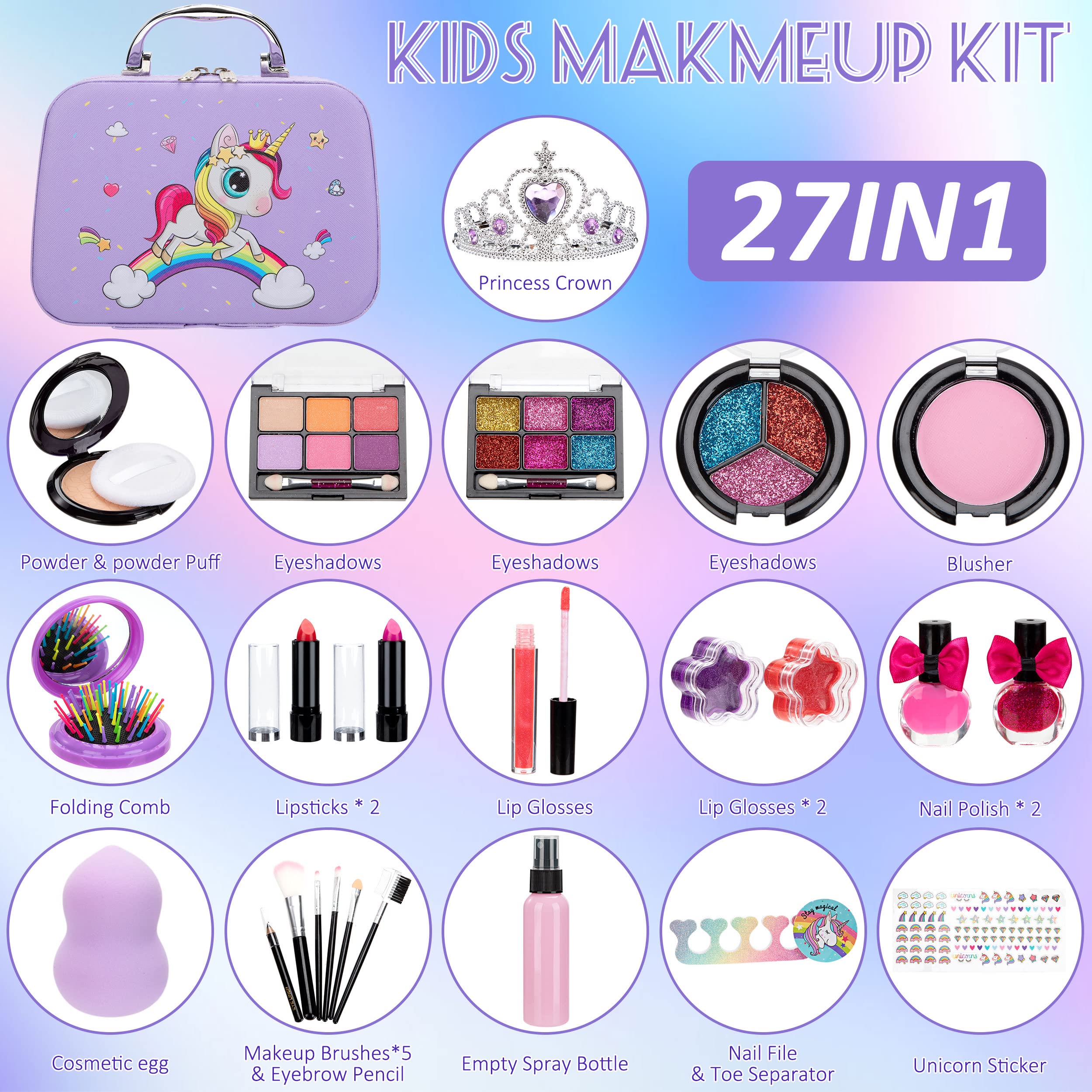 Washable Kids Makeup Toy Set, Unicorn Princess Cosmetic Kit with Travel Case - Birthday Gift for Girls Ages 4-12 - Perfect for Pretend Play, Dress-Up & Party Fun