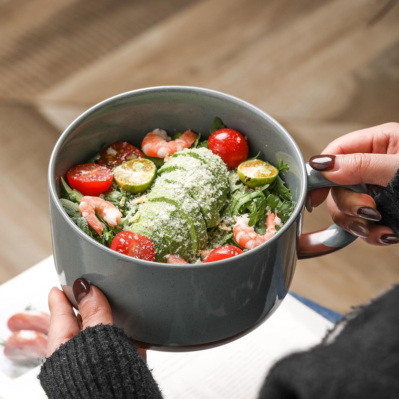 Extra Large 6-Inch Ceramic Soup Bowl with Handle - Microwave Safe Oversized Soup Mug for Breakfast & Lunch - Blueish Gray - Perfect for Ramen, Cereal & Family-Sized Portions