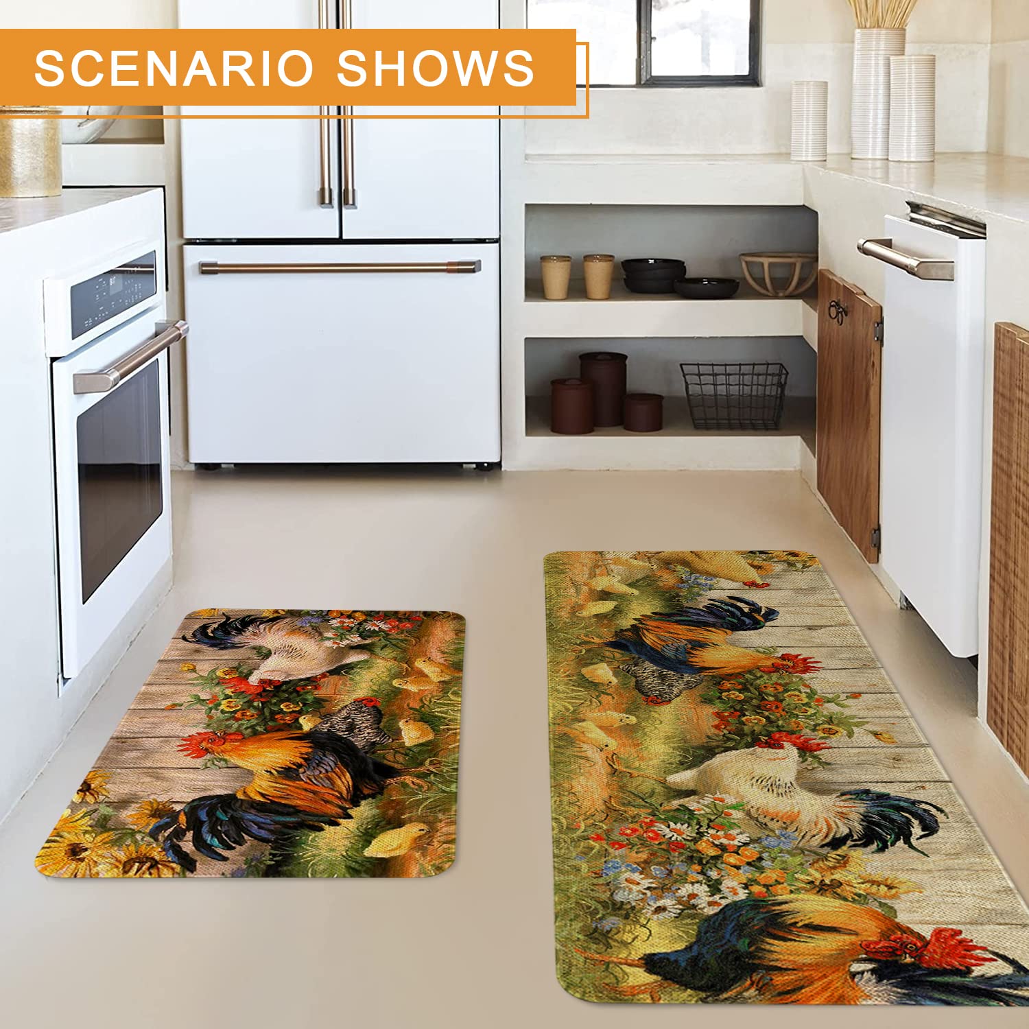 Farmhouse Kitchen Rugs and Mats Set of 2 - Non-Slip Washable Floor Mats with Rooster Design for Farmhouse Decor (17x29 & 17x47 Inch) - Perfect for Kitchen, Entryway, and Laundry Room Floor Protection