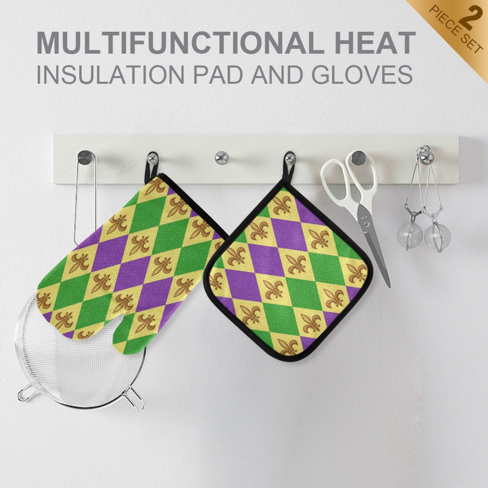 Aflyko Mardi Gras Oven Mitt & Pot Holder Set - Heat Resistant Kitchen Gloves with Festive Fleur De Lis Design - Perfect for Baking, BBQ, Cooking & Carnival Party Decor - Ideal Gift for Home Chefs & Holiday Entertaining