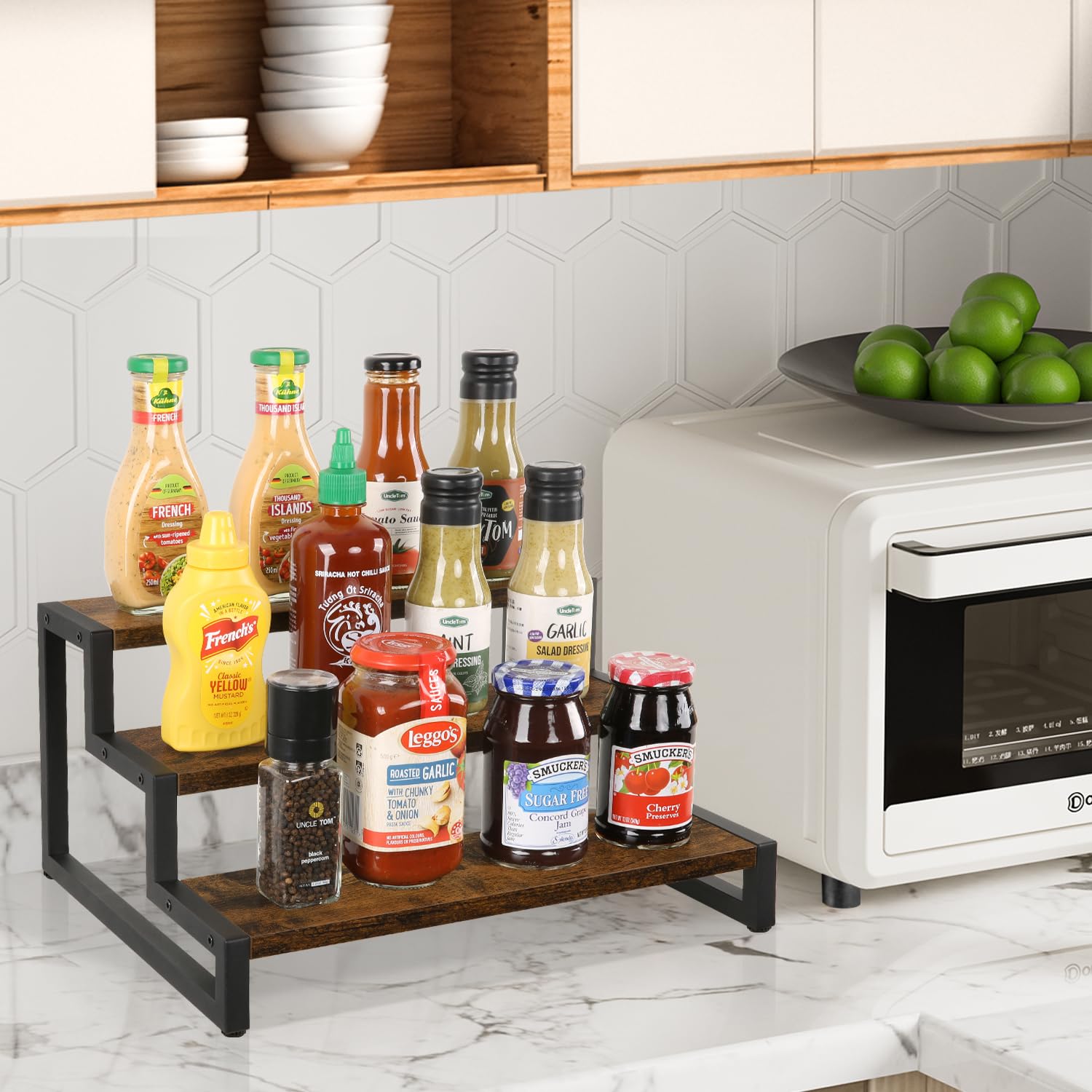 YINMIT 3-Tier Wooden Spice Rack Organizer - Countertop Display Stand Riser Shelf for Kitchen, Bathroom & Office Storage - Perfect for Organizing Spices, Cosmetics, or Office Supplies