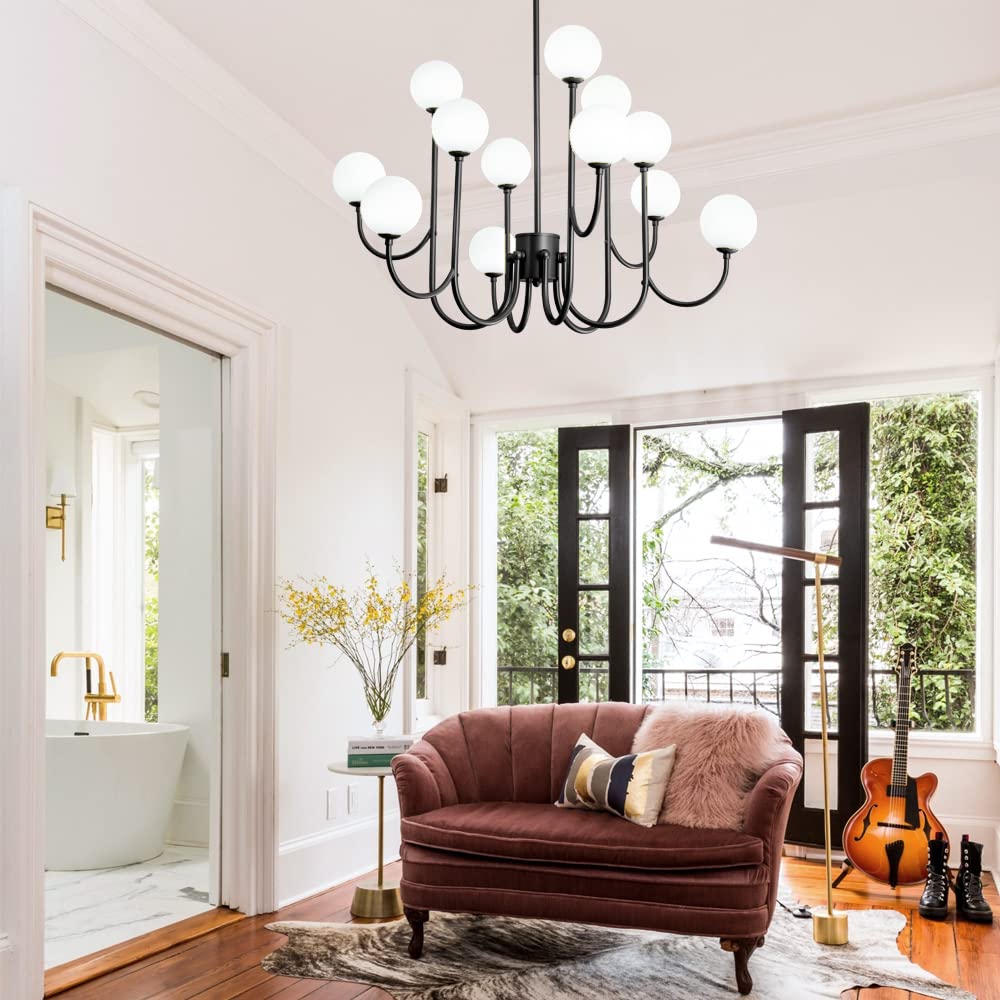Modern Glass Globe 12-Light Sputnik Chandelier - Mid-Century Black Ceiling Light Fixture for Dining Room, Living Room, Bedroom, Kitchen, Stairwell & Office - Elegant Pendant Lighting for Home and Commercial Spaces