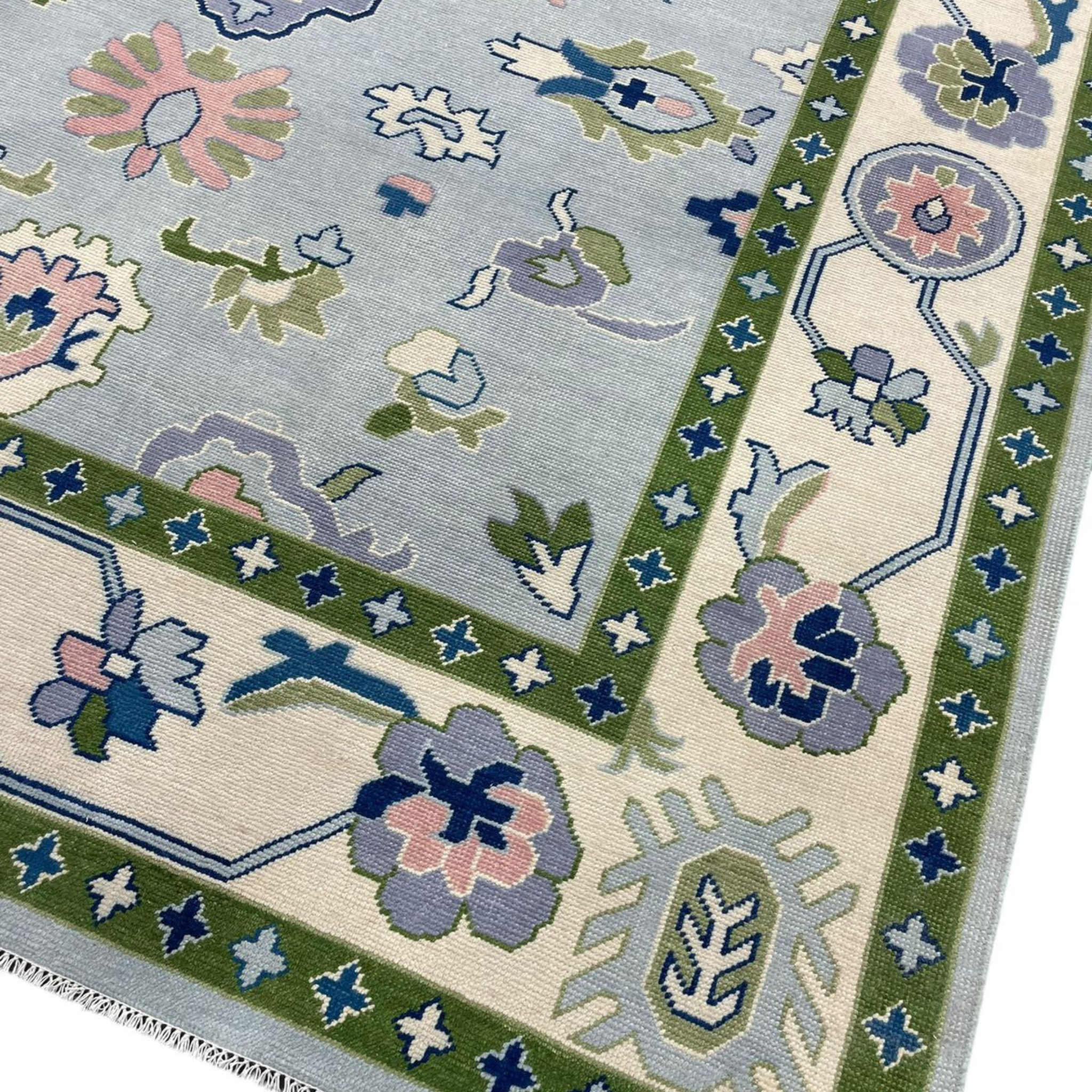 Handmade Byram Oushak Rug in Meadow Green - Authentic Turkish Wool Area Rug for Living Room, Bedroom & Dining Room Decor