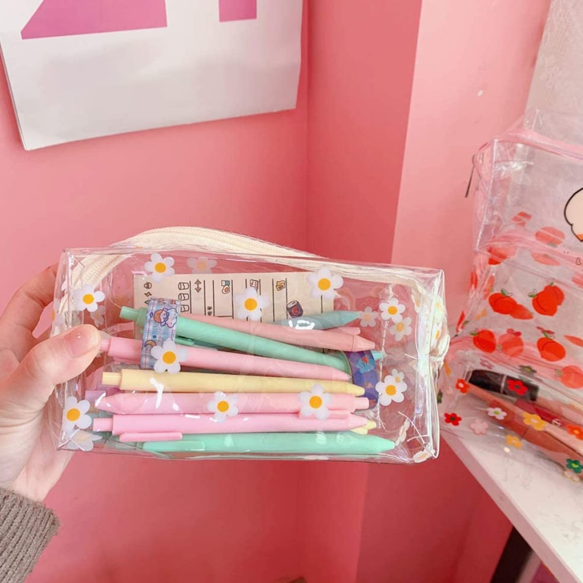 Waterproof Floral Transparent Cosmetic Bag with Zipper - Cute Clear Daisy Makeup Pouch for Travel, Gym & School Toiletries | Clear Pencil Case & Organizer