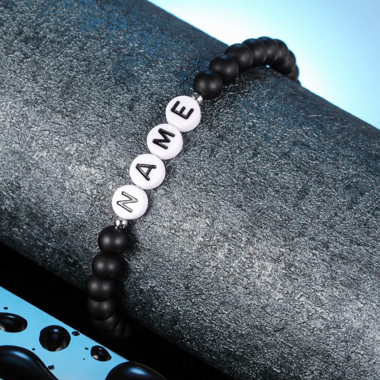 Personalized Initial Bracelet for Couples - Custom Engraved Letter Name Bracelet for Boyfriend, Girlfriend, Men & Women - Handmade Black Natural Agate Ankle Bracelet - Unique Friendship Gift for Anniversary, Valentine's Day & Special Occasions