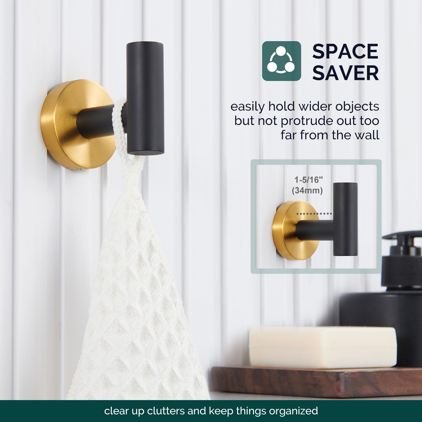Round Single Towel Hook with Matching Towel Ring Set - Black & Gold Bathroom Accessories for Hanging Towels, Robes & Decor