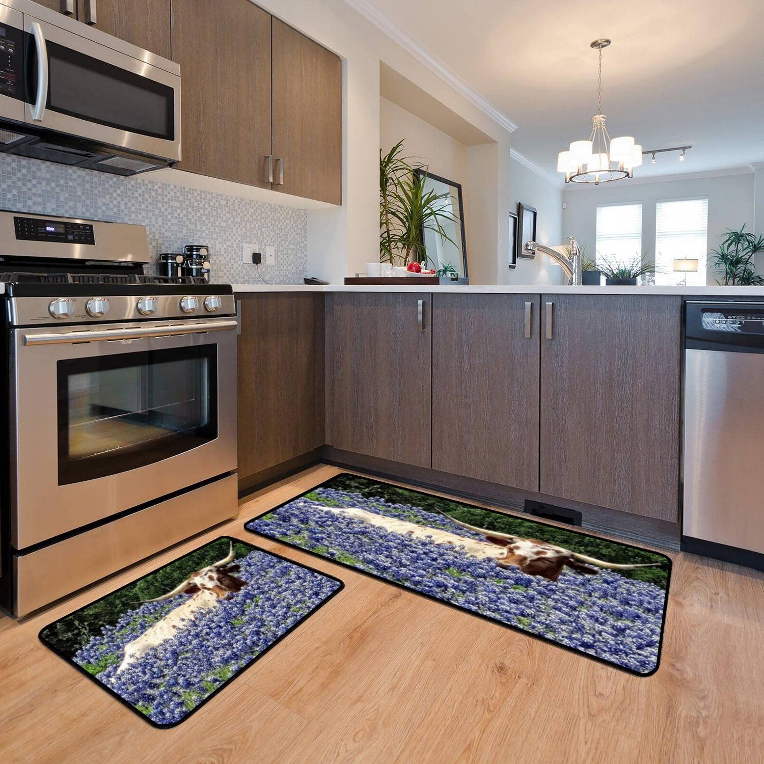Non-Slip Washable Kitchen Rugs Set - Longhorn in The Bluebonnets Texas Design, Anti-Fatigue Floor Mats for Standing Comfort, Kitchen Runner & Bath Rug Decor - Perfect for Home, Office, and High-Traffic Areas