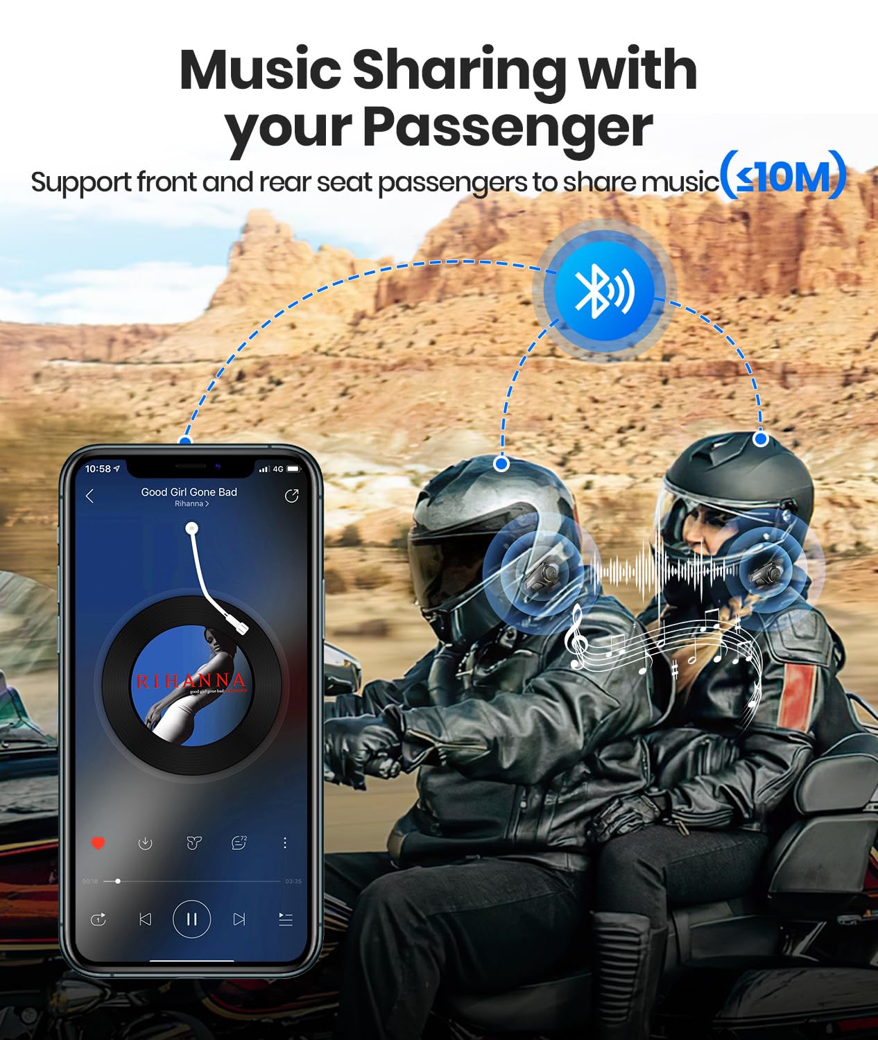 Motorcycle Helmet Bluetooth Headset - 2000M Range, 10 Rider Intercom System with Noise Cancellation | Hands-Free Communication, Stereo Music & Helmet Radio | 2 Pack Motorcycle Accessories for Group Rides & Long-Distance Touring