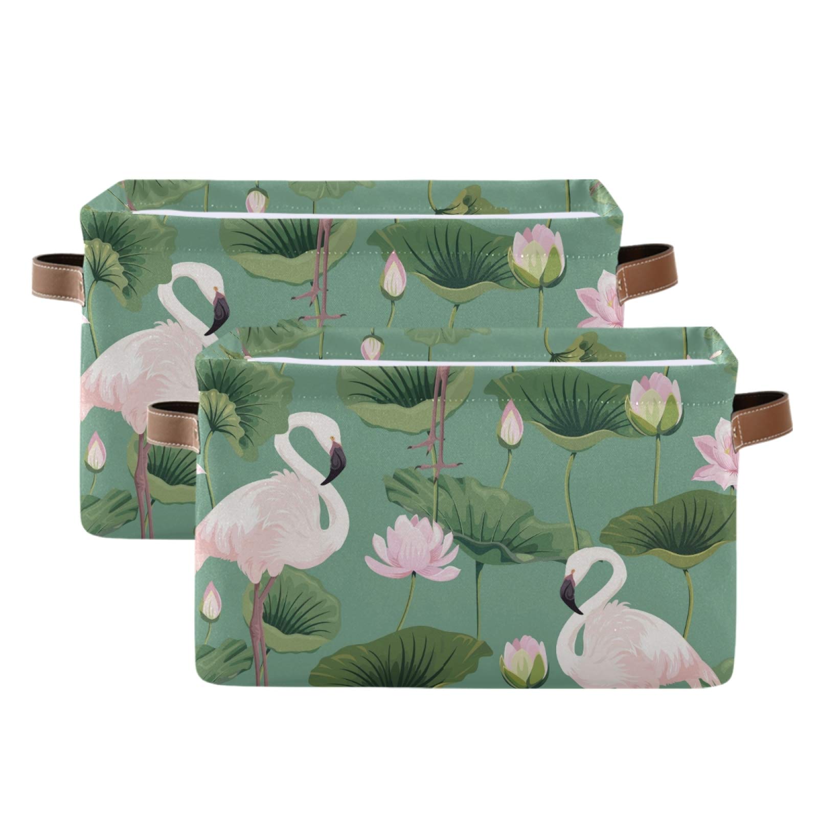 Susiyo Large Foldable Storage Bin - Pink Flamingo Lotus Fabric Collapsible Basket with PU Handles for Home Organization (1-Pack) | Perfect for Shelves, Closet, Bedroom & Living Room Storage