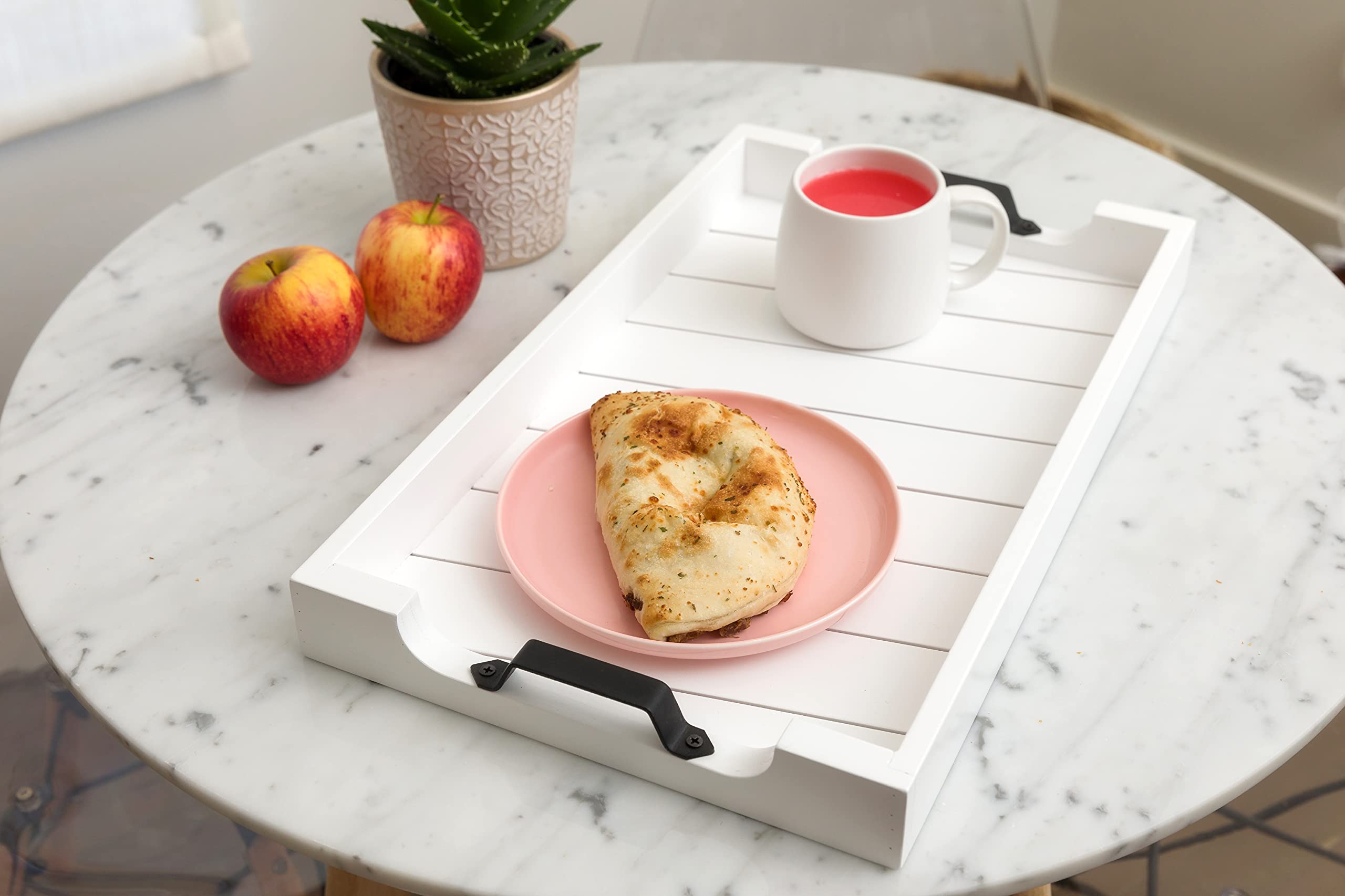 Bamboo Land - Large White Wooden Serving Tray with Handles 20