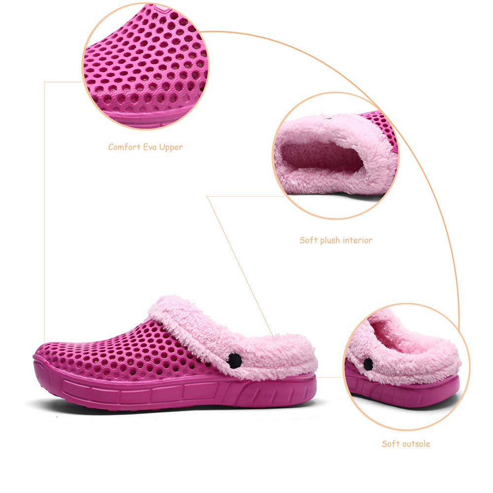 QISHENG Men's & Women's Fur-Lined Mules Clogs - Slip-On Garden Shoes, Warm Winter Slippers with Soft Fleece Lining | Indoor/Outdoor House Shoes for Comfort & Coziness (Rose Red)