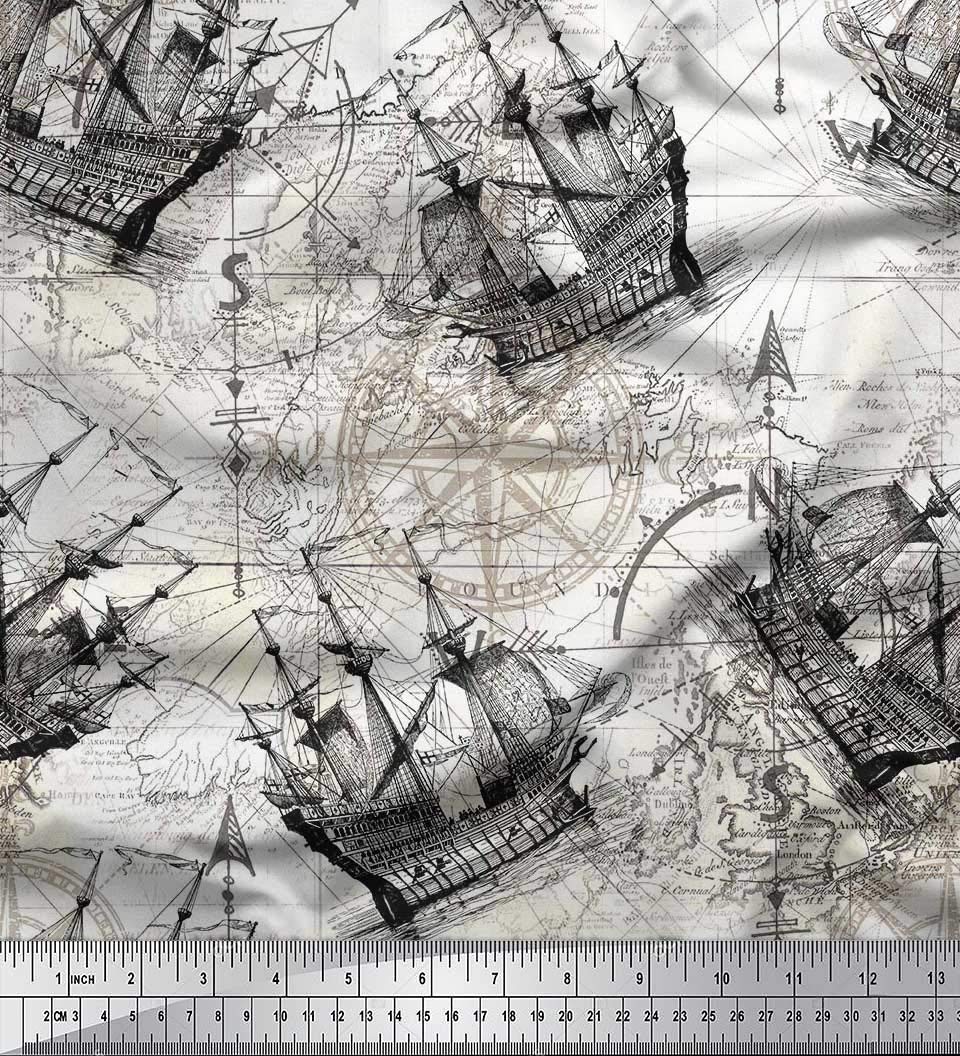 Soimoi Cotton Cambric Grey Fabric by The Yard - 42 Inch Wide Nautical Printed Fabric with Ship & Compass Design - Perfect for DIY Sewing Projects, Home Decor, and Quilting