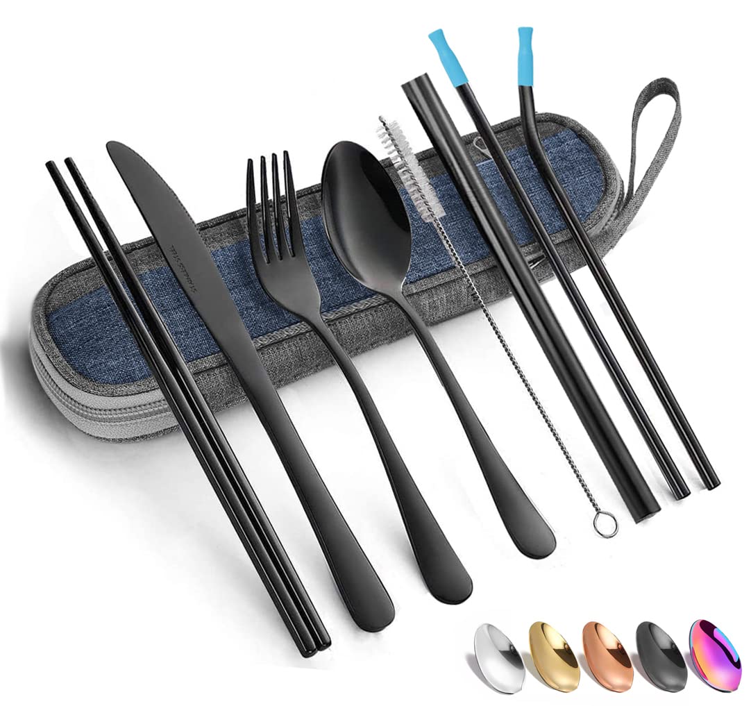 Black Portable Travel Utensils Set with Case - Reusable Stainless Steel Camping Cutlery with Chopsticks & Straw - Compact Flatware for Office, School, Picnic & Outdoor Adventures (P-Black)