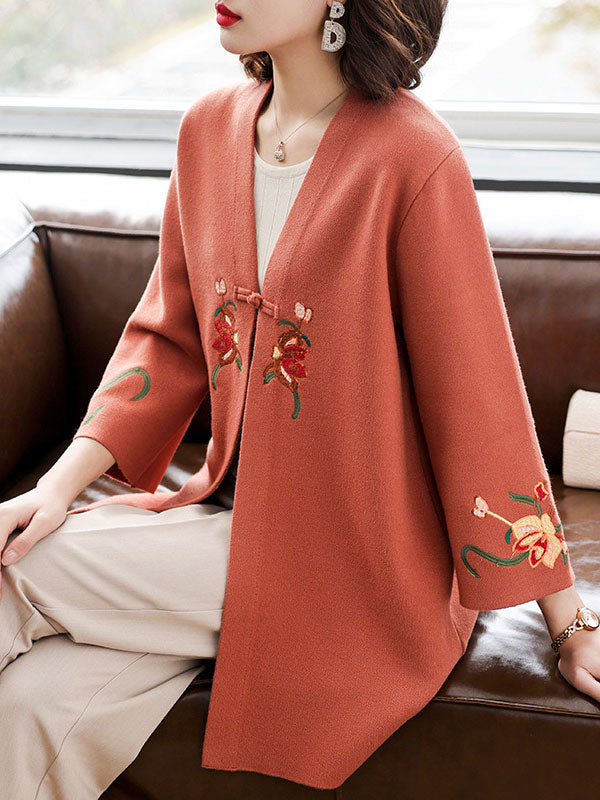 Embroidered Floral Women's Knit Cardigan Jacket for Mothers - Cozy Lightweight Sweater for Casual Wear, Spring & Fall Layering
