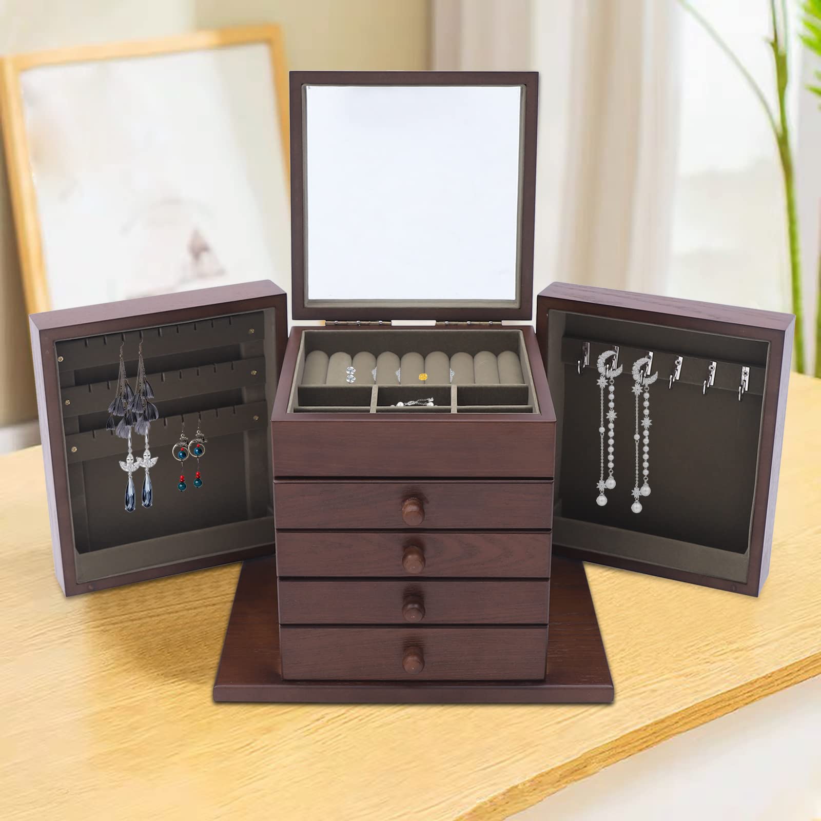 5-Layer Wooden Jewelry Organizer Box with 4 Drawers & Mirror - Vintage Design Jewelry Storage Case with Velvet Lining for Rings, Bracelets, Earrings, Necklaces - Perfect Gift for Women (Mom, Daughter, Wife, Girlfriend) - Coffee Brown - Ideal for Bedroom Vanity, Travel & Home Organization