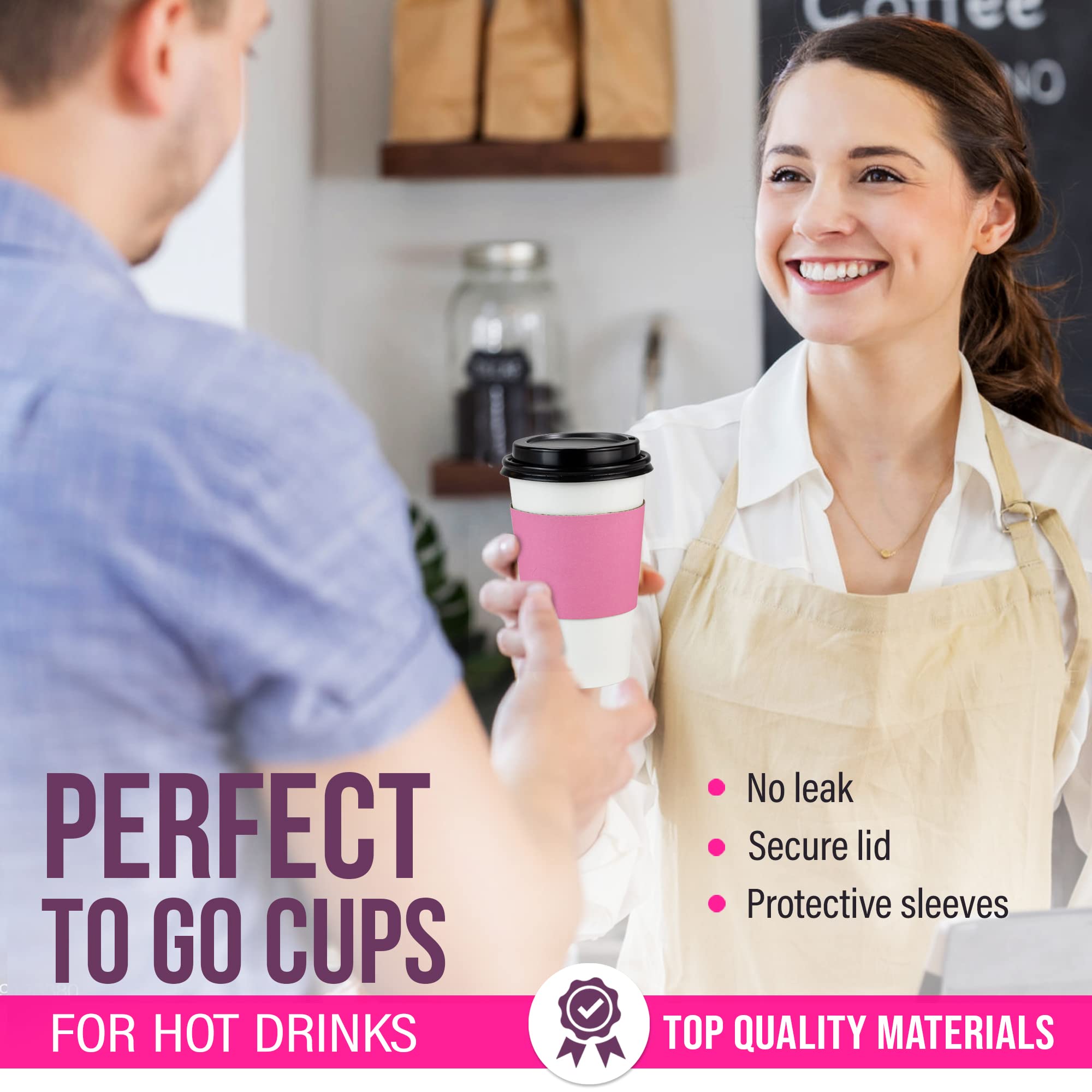 500 Pack 16 oz Disposable Coffee Cups with Lids & Pink Sleeves - Lead-Free Sturdy To-Go Hot Paper Cups for Coffee, Tea, Parties, Weddings, Birthdays - Ideal for Home, Office, Cafes & Events (Black Lids)