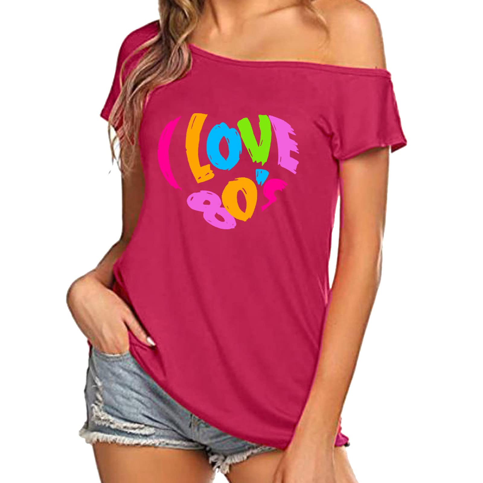 Vintage 80s Off Shoulder Graphic Tee for Women - Summer Casual Short Sleeve Cute Top, Loose Fit T-Shirt for Going Out, Streetwear, Music Festivals & Retro Parties