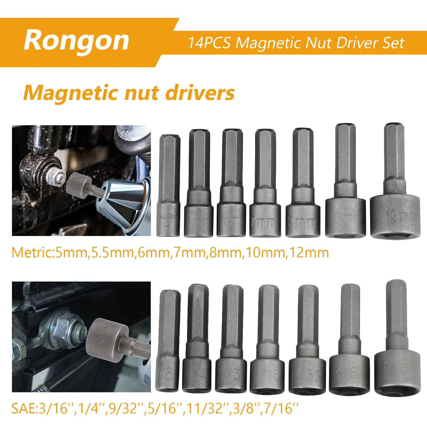 Rongon 14-Piece Power Nut Driver Drill Bit Set - 1/4 Inch Hex Steel Metric Socket Wrench Screw Bits with Quick Change Chuck Adapter - Perfect for Electric Hand Drills & Screwdrivers - Ideal for DIY Projects, Home Repairs, and Professional Construction Work