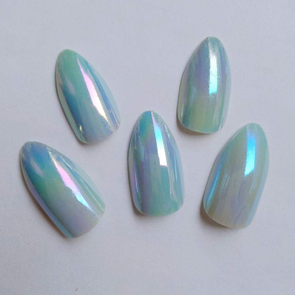 HUJL 24pcs Chameleon Short Acrylic False Nails - Mirror High Heels Holographic Blue Sky Press on Nails for DIY Manicure | Full Coverage Artificial Nails for Women | Perfect for Parties, Weddings & Everyday Wear